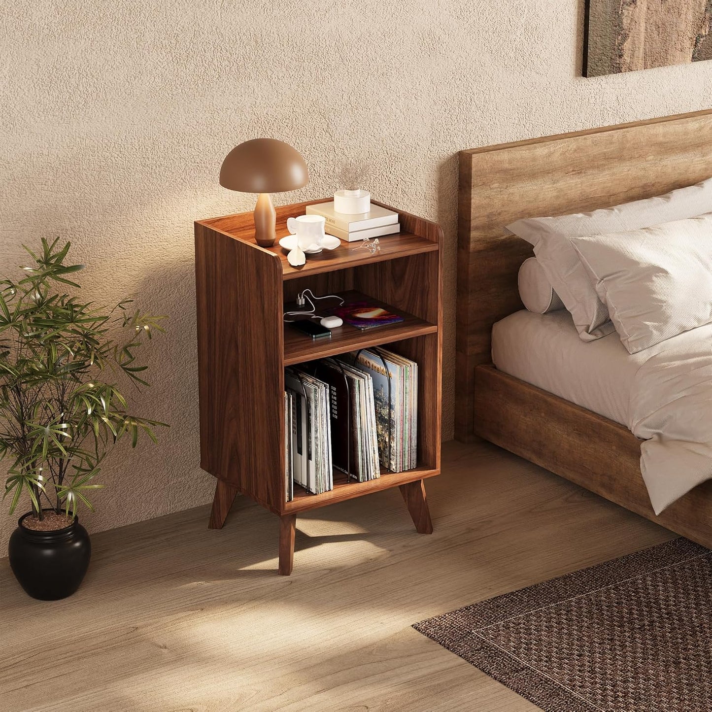Record Player Stand, Turntable Stand with Record Storage and Charging Station & USB Ports, Record Player Table with