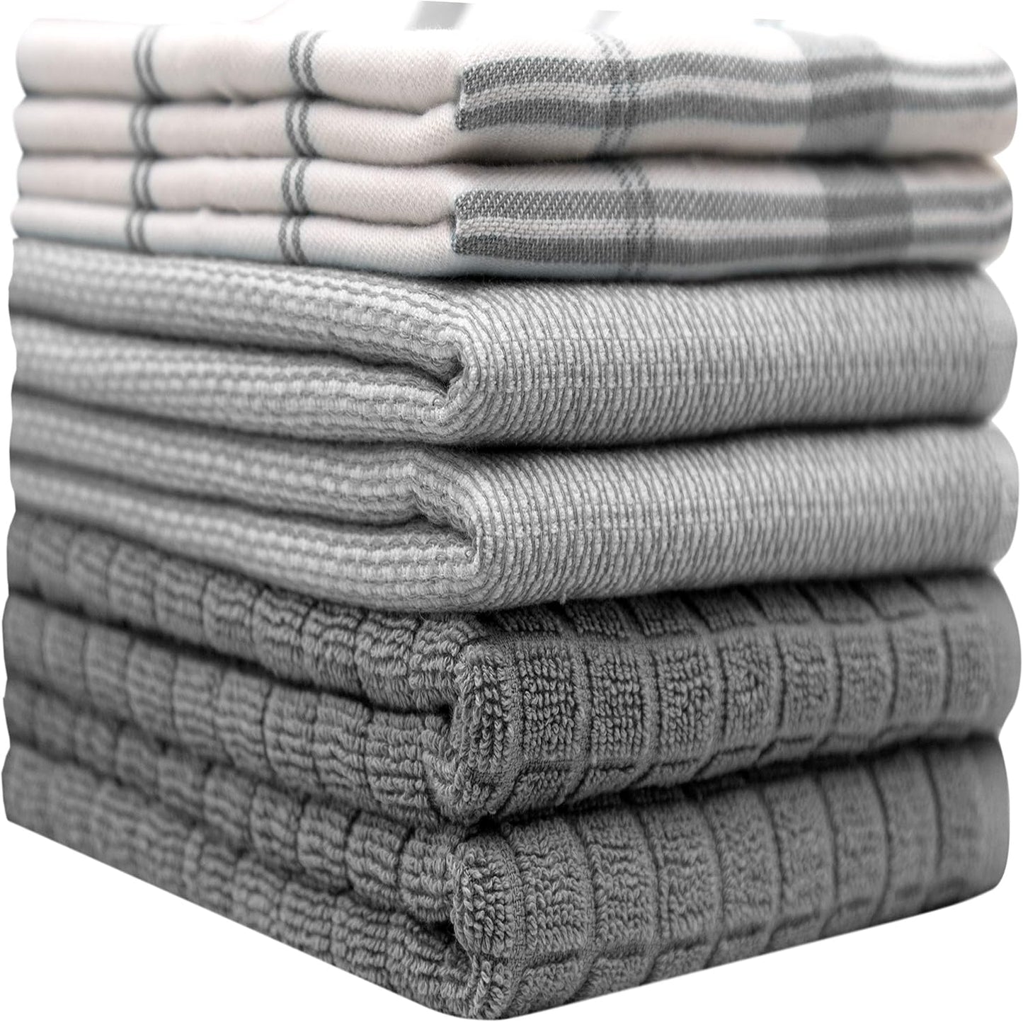 Premium Kitchen Towels 6 Pack 100% Cotton, 20"x28" Dish Towels - Grey Check | Large Flat & Terry Kitchen Linen Set with