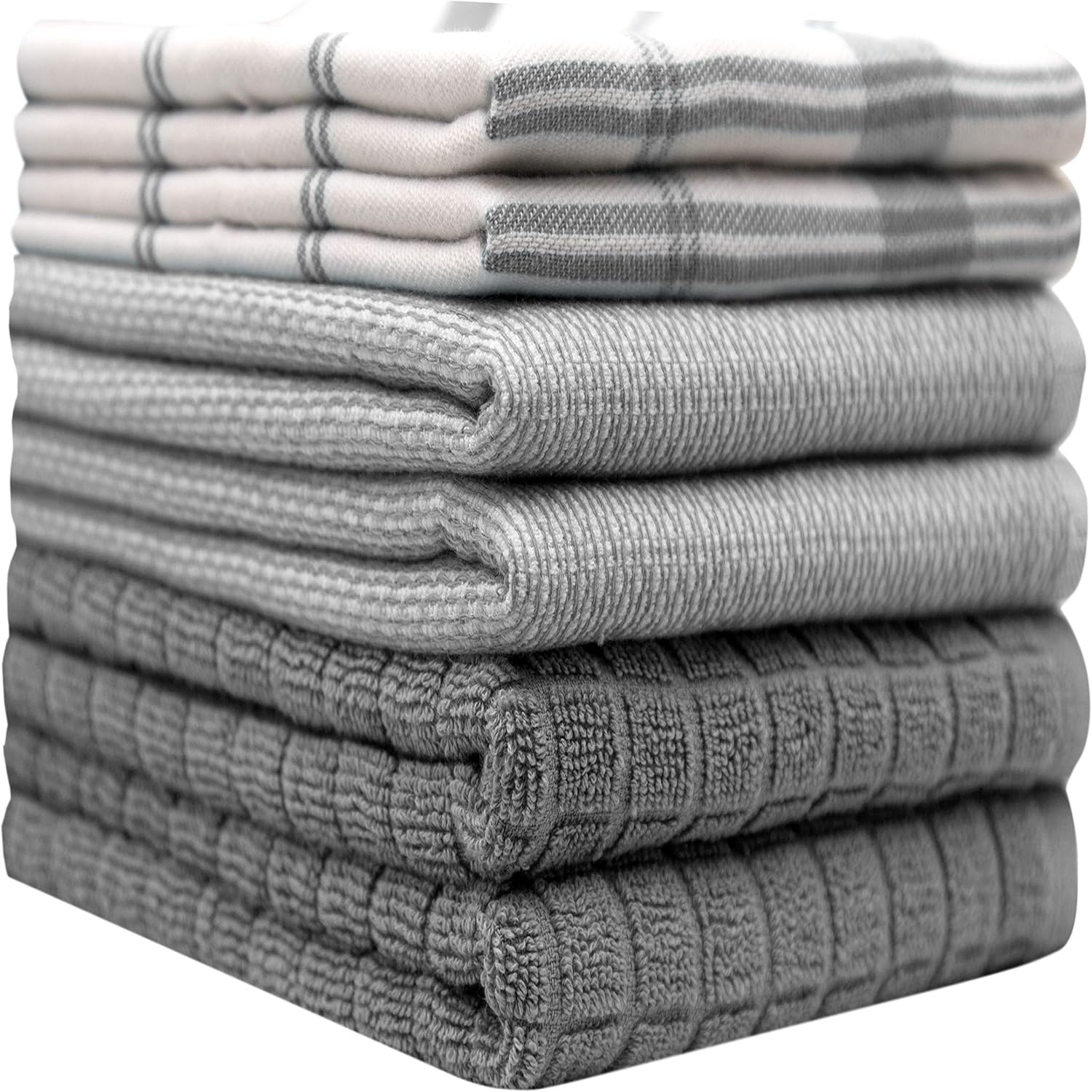 Premium Kitchen Towels 6 Pack 100% Cotton, 20"x28" Dish Towels - Grey Check | Large Flat & Terry Kitchen Linen Set with