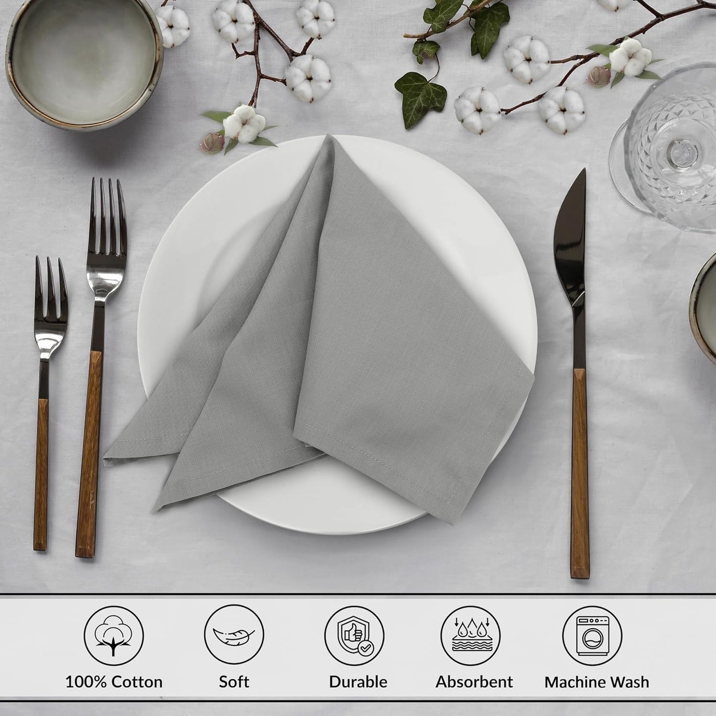Ruvanti Cloth Napkins Set of 12, 100% Cotton 18”x18” - Wild Dove | Washable, Soft, Durable & Absorbent Everyday