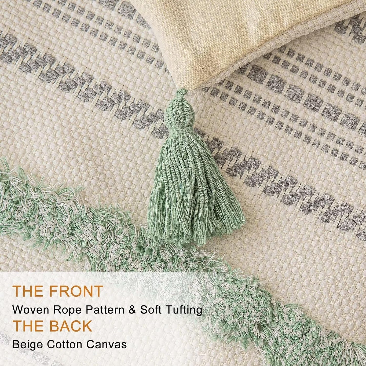 Boho Throw Pillow Covers Woven Tufted Farmhouse Pillows Cover / Light Green / 20 x 12 / Set of 2