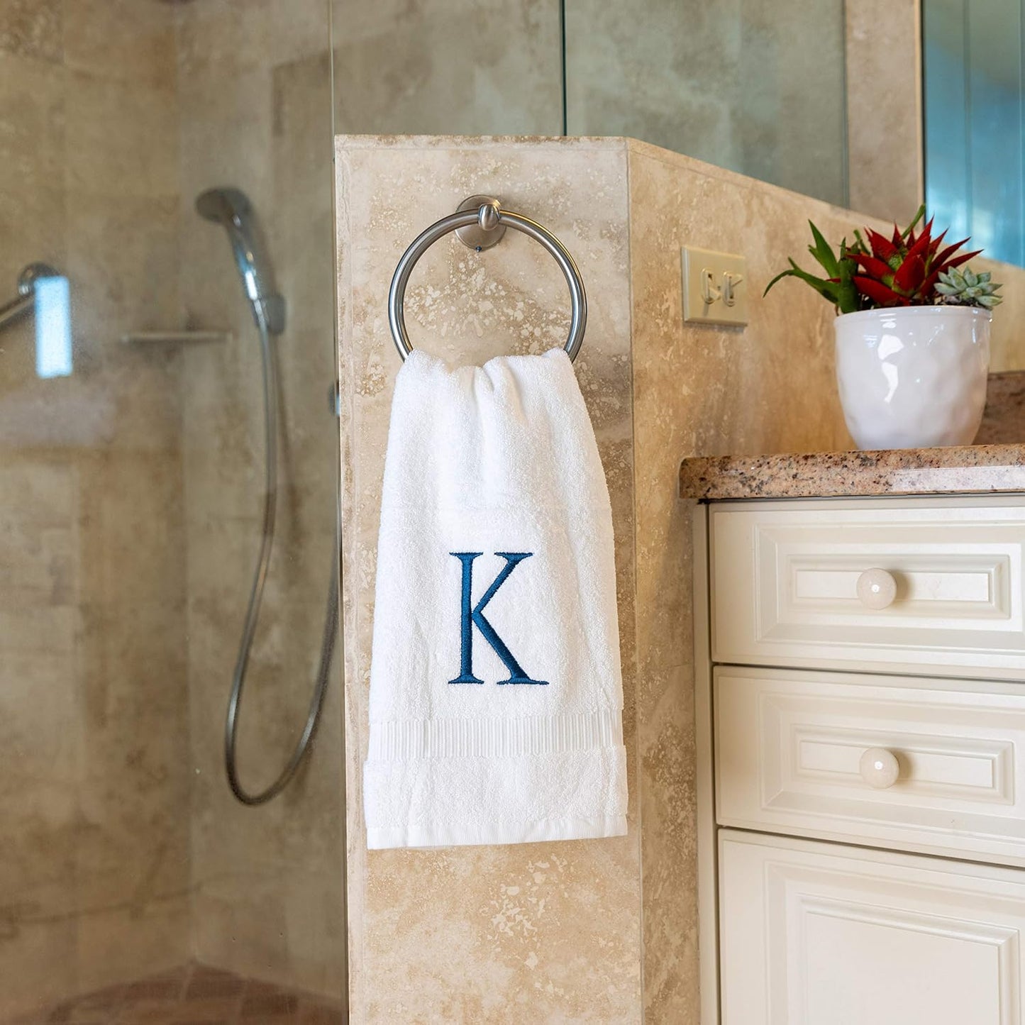 White with Navy Monogrammed Hand Towels for Bathroom - Set of 2 Letter K | Luxury Hotel Quality Initial Towels For