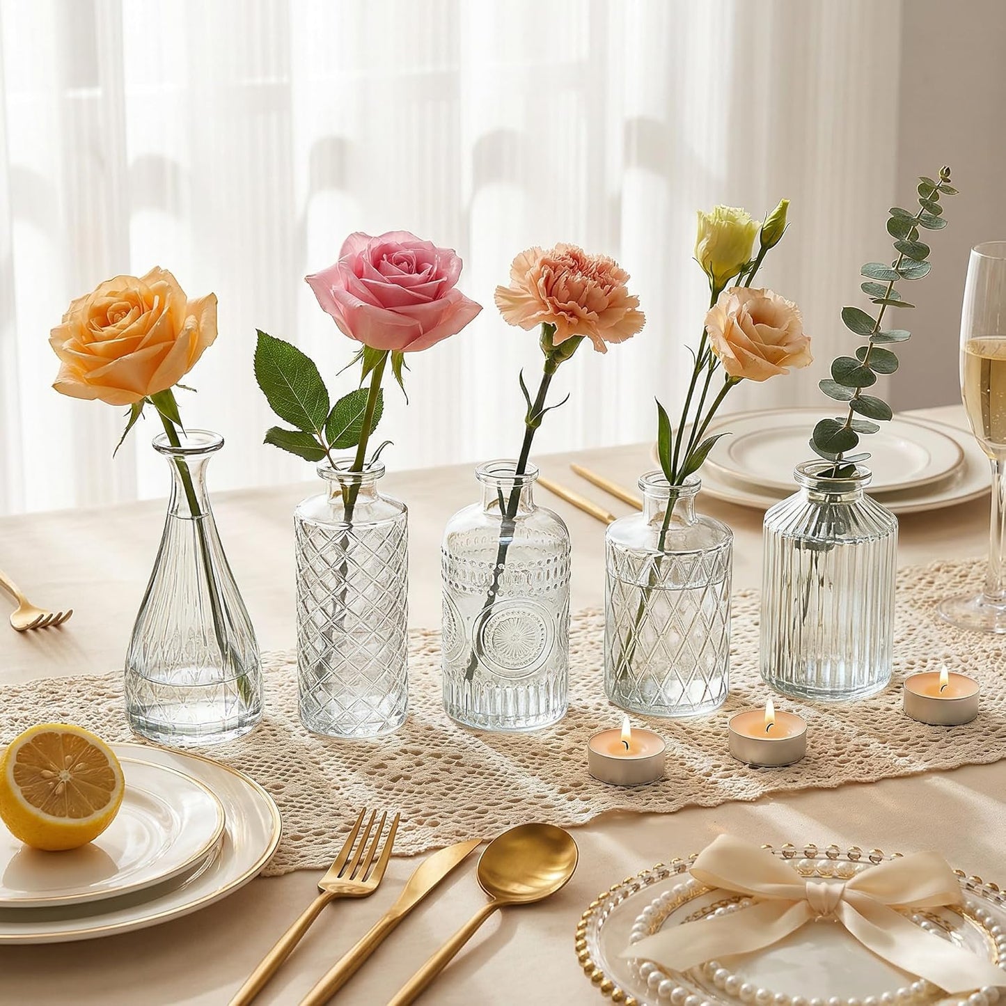 Small Vintage Glass Bud Flower Vases Bulk Multiple Shape Mini Glass Bottles / Clear / Set of 12