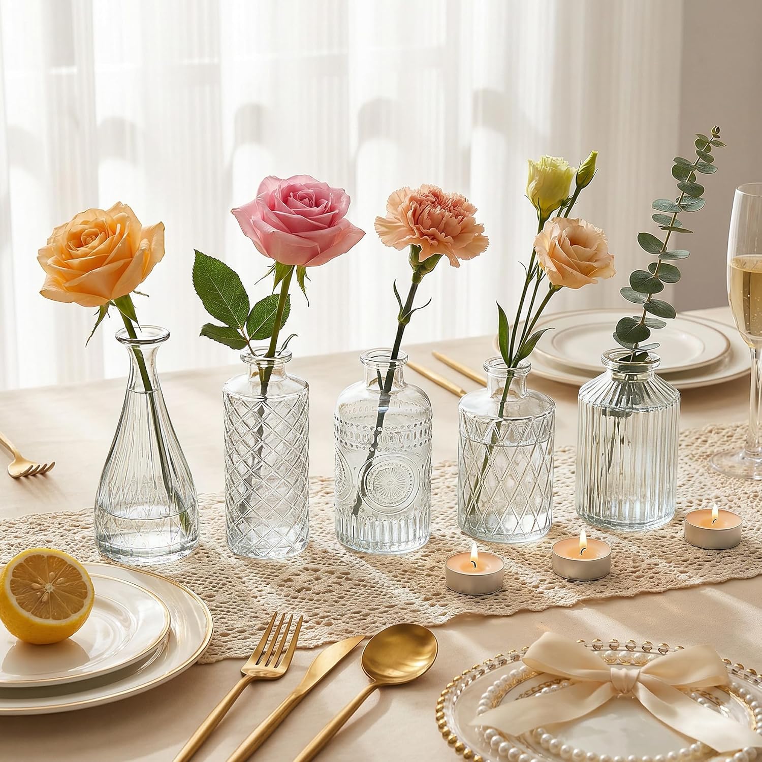 Small Vintage Glass Bud Flower Vases Bulk Multiple Shape Mini Glass Bottles / Clear / Set of 12