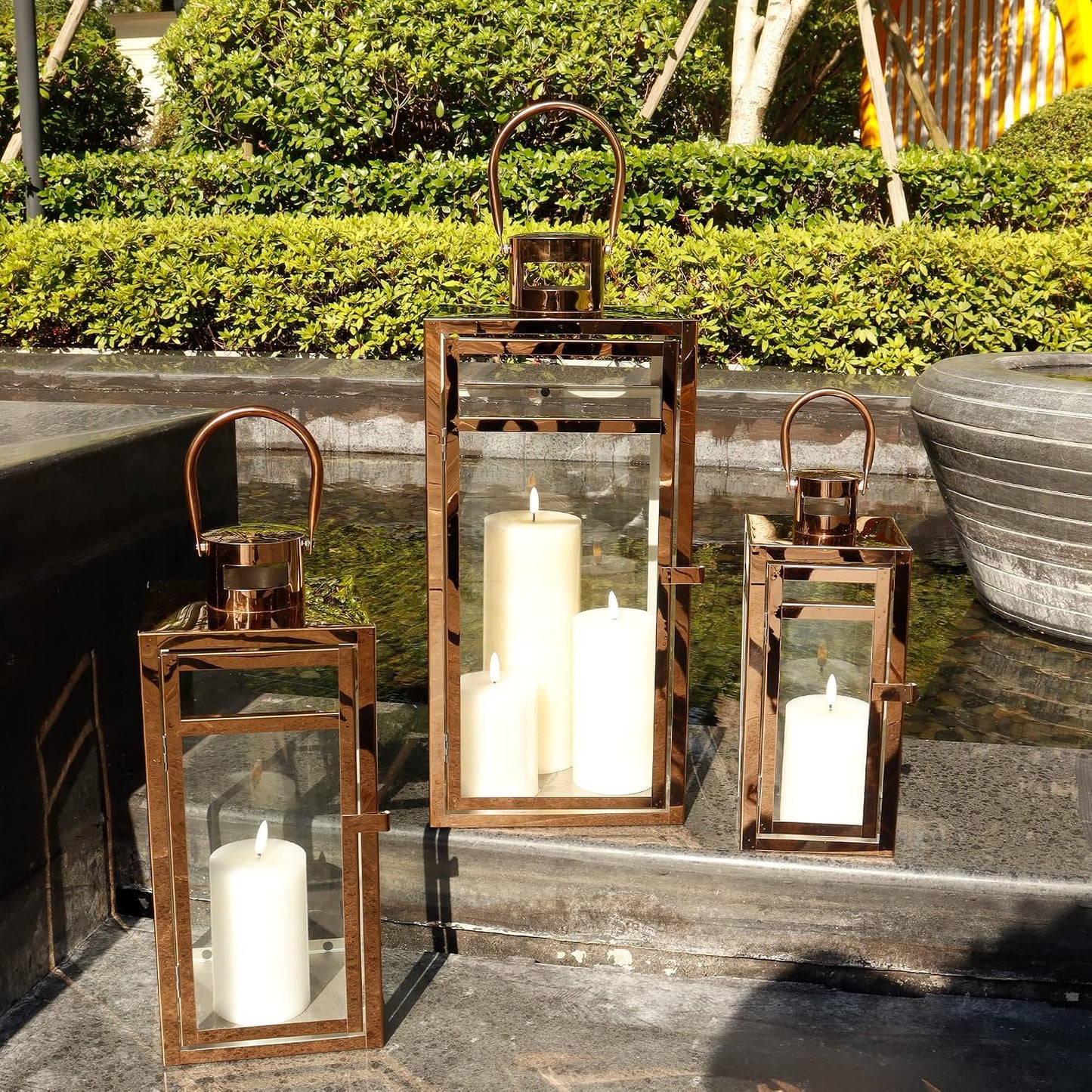 TRIROCKS Set of 3 Stainless Steel Candle Lantern 19/15/12'' High Metal Candle Holder with Tempered Glass Panels Perfect