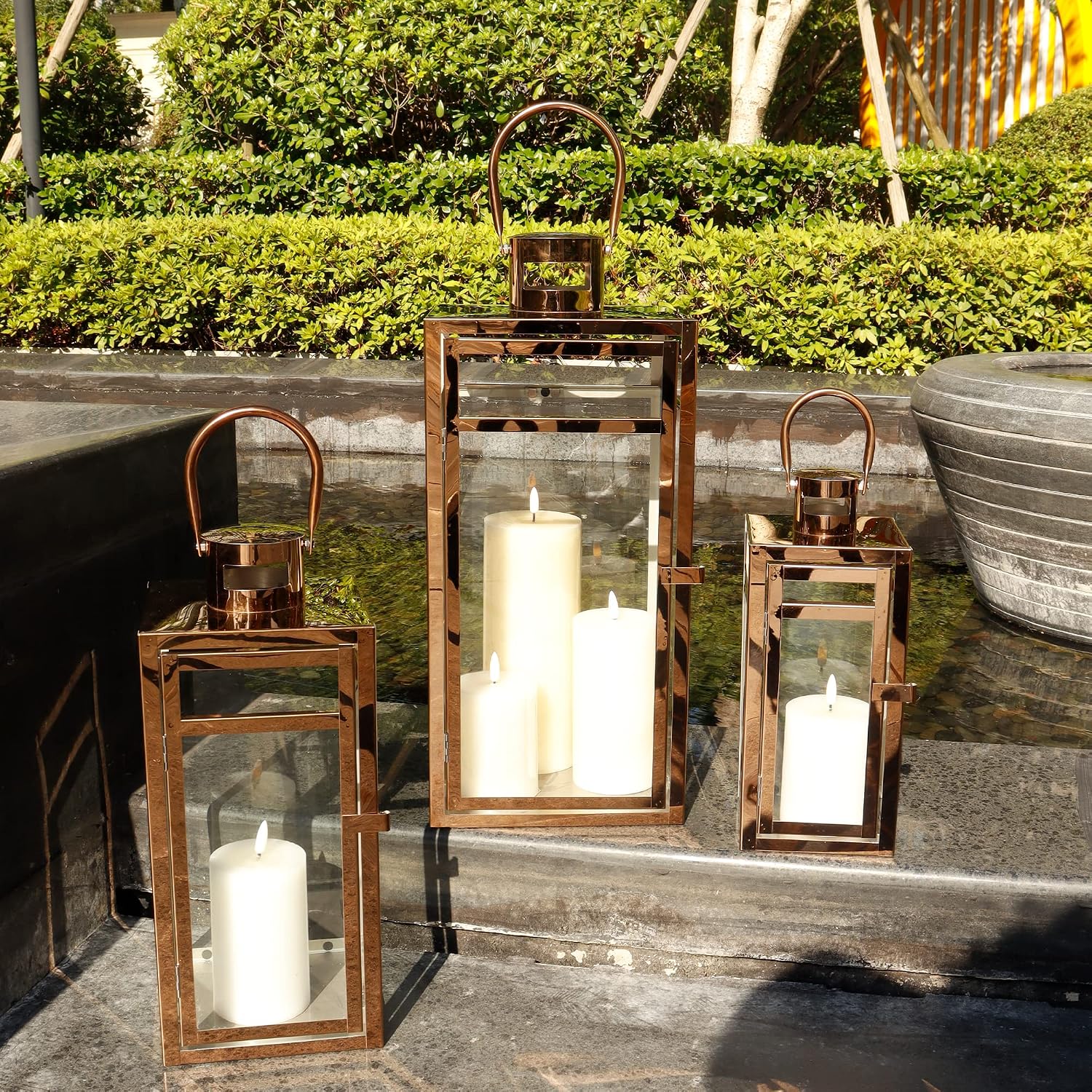 TRIROCKS Set of 3 Stainless Steel Candle Lantern 19/15/12'' High Metal Candle Holder with Tempered Glass Panels Perfect
