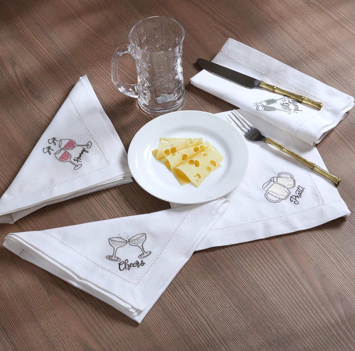 Bedding Craft Cotton Cloth Dinner Napkins Set of 12 – 18x18 Embroidered Motif with Decorative Hemstitch – Machine