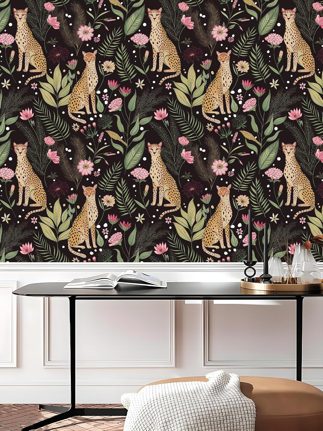 Peel and Stick Wallpaper Jungle Leopard Wallpaper Removable Floral Wallpapers / Black / 17.5 x 118