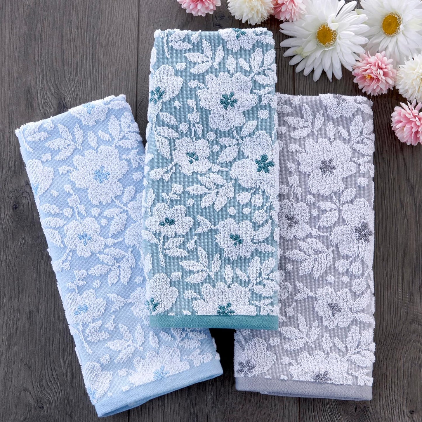 SKL Home Floral Hand Towel Set-2pc, 100% Cotton Jacquard, Gray | Soft, absorbent & reversible. Great for use in the