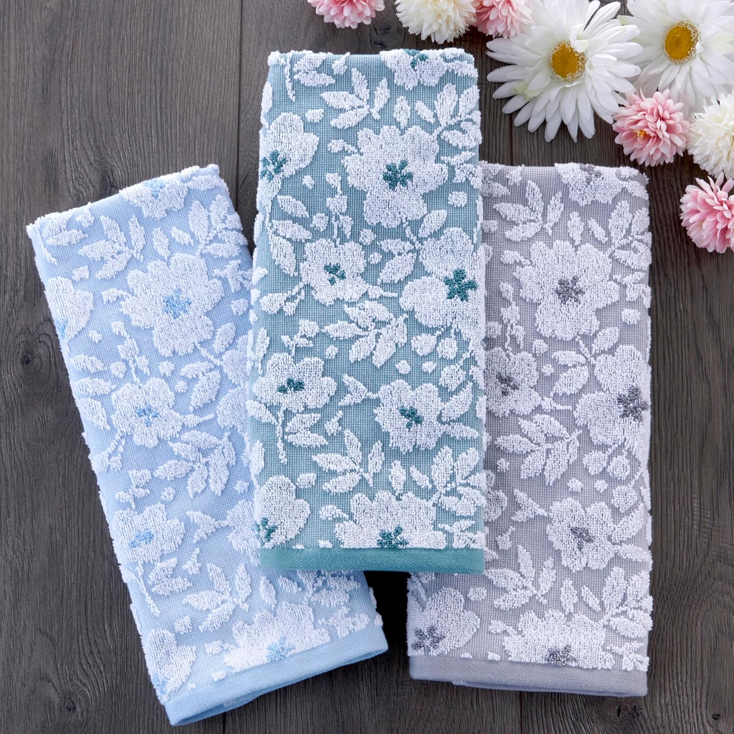 SKL Home Floral Hand Towel Set-2pc, 100% Cotton Jacquard, Gray | Soft, absorbent & reversible. Great for use in the