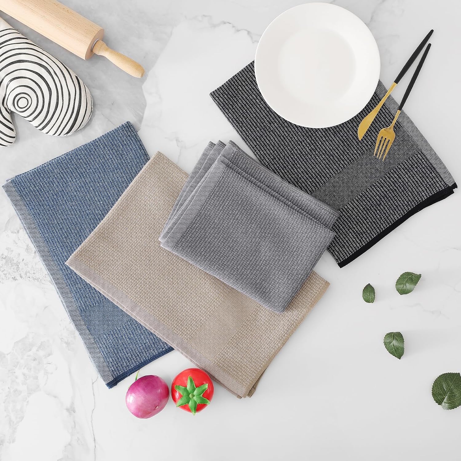 Homaxy 380 GSM Cotton Premium Kitchen Towels 8 Pack, 18"x 28", Mixed Color | Flat and Terry Dish Towels, Highly
