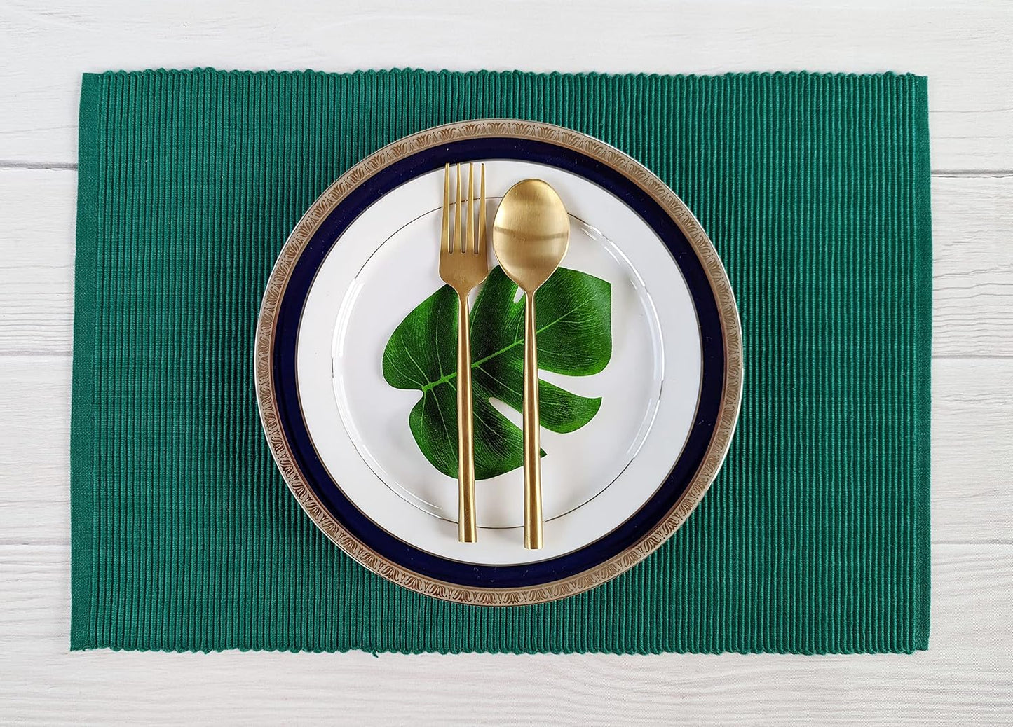 100% Cotton Ribbed Placemats - Set of 4-13 x 19 Inches - Peacock Green - Everyday Cloth Table Mats - Thick