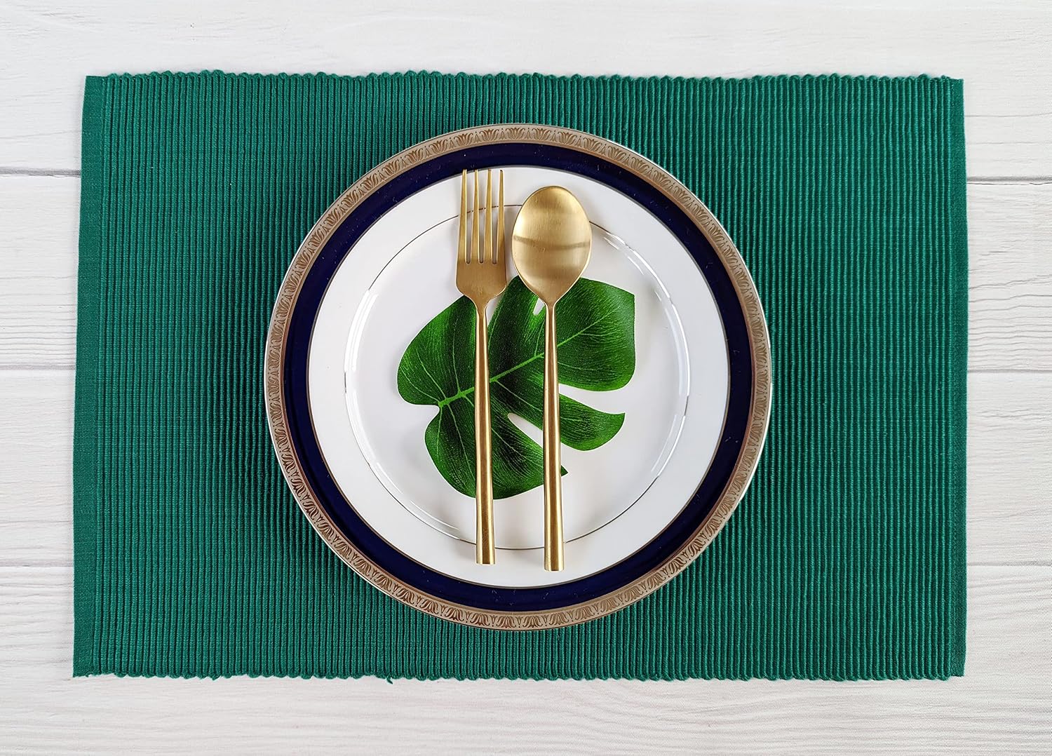 100% Cotton Ribbed Placemats - Set of 6-13 x 19 Inches - Peacock Green - Everyday Cloth Table Mats - Thick