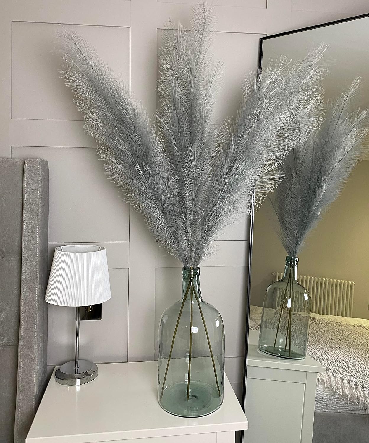 Light Fake Artificial Faux Pampas Grass Large Bundle 3 Tall 45" Extra Fluffy Stems / Grey Gray