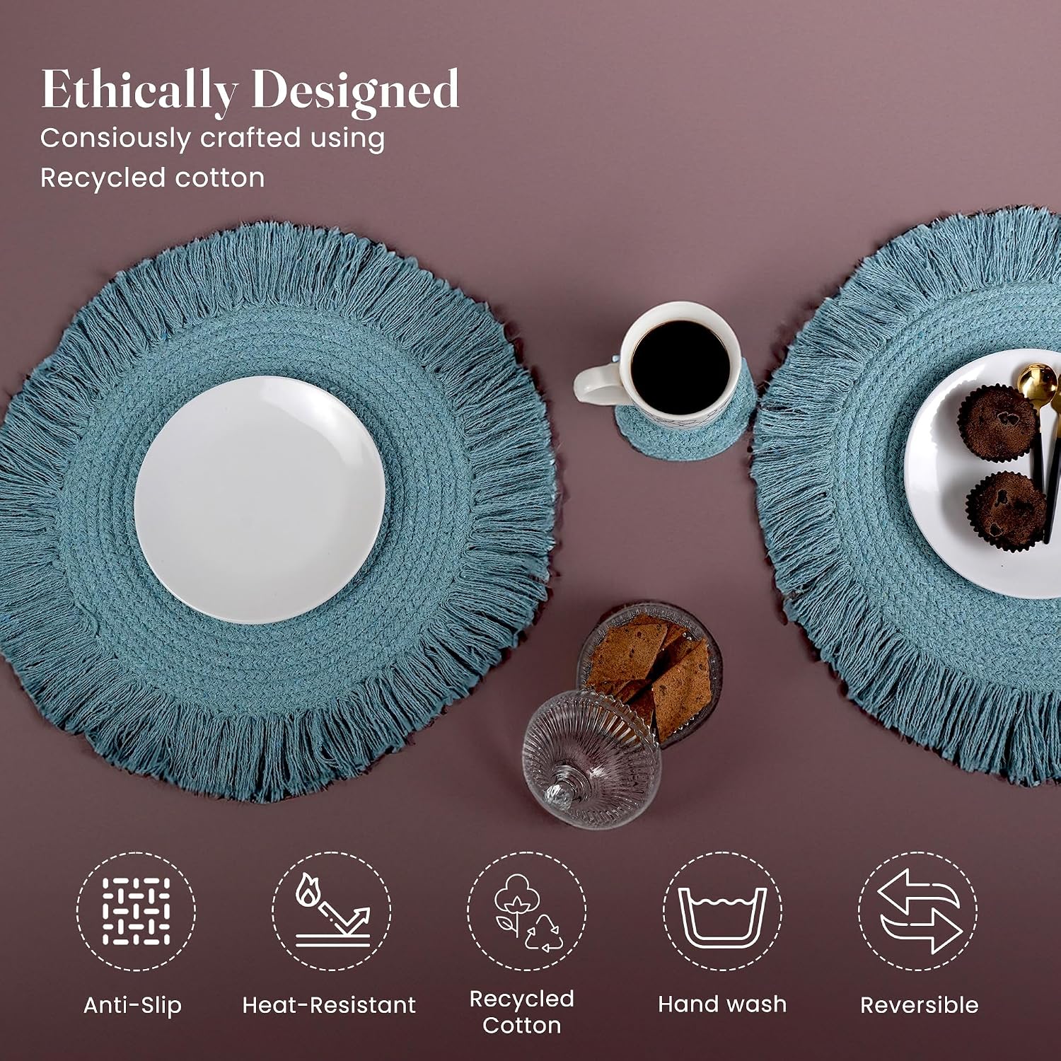 Fine Living Co. 15 Inch Round Placemats Set of 4 with 4-Free Coasters, Washable Heat Resistant Non-Slip Braided Cotton