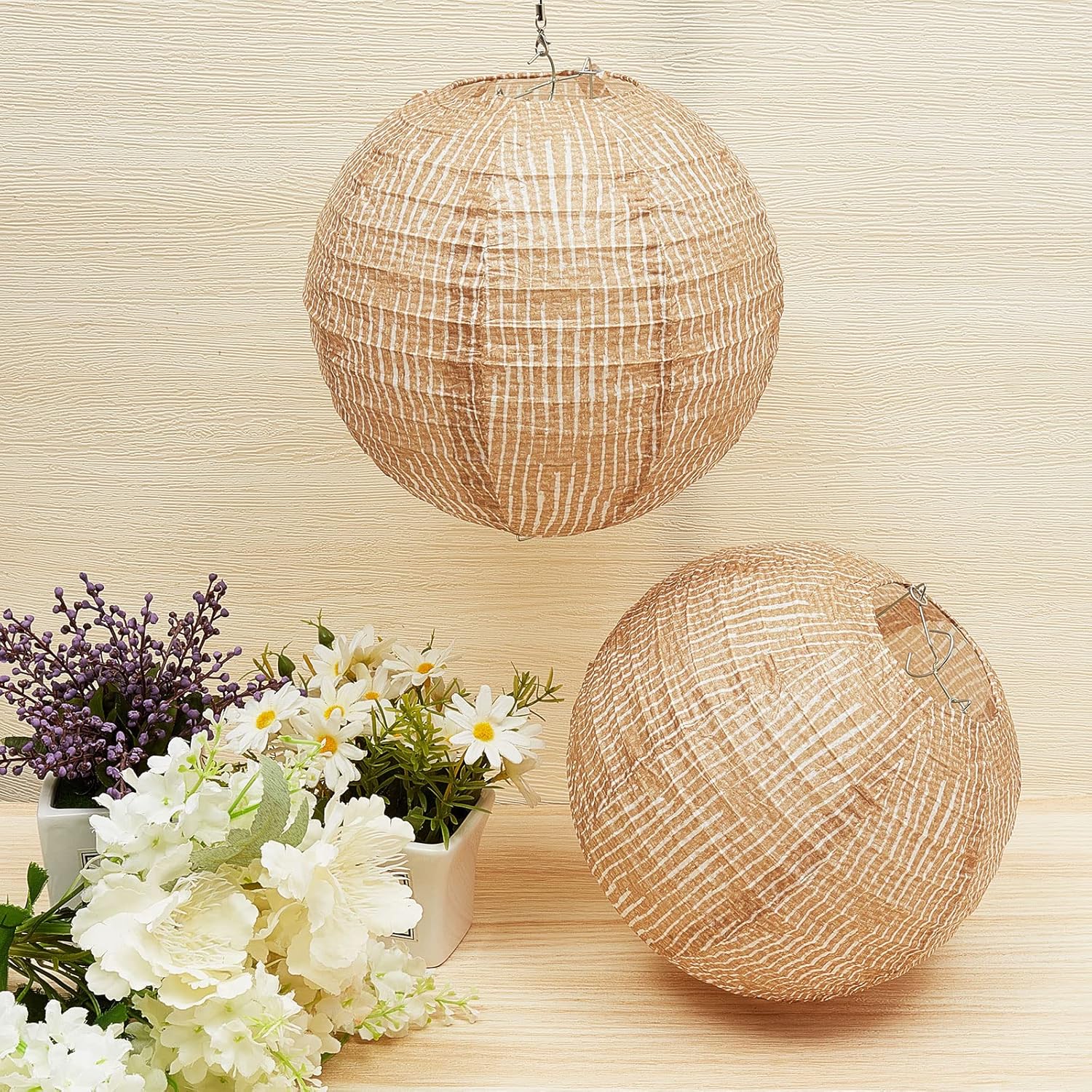 Print Burlap Paper Lanterns Round Chinese Paper Lanterns Farmhouse Boho / 8 Inch / Set of 6