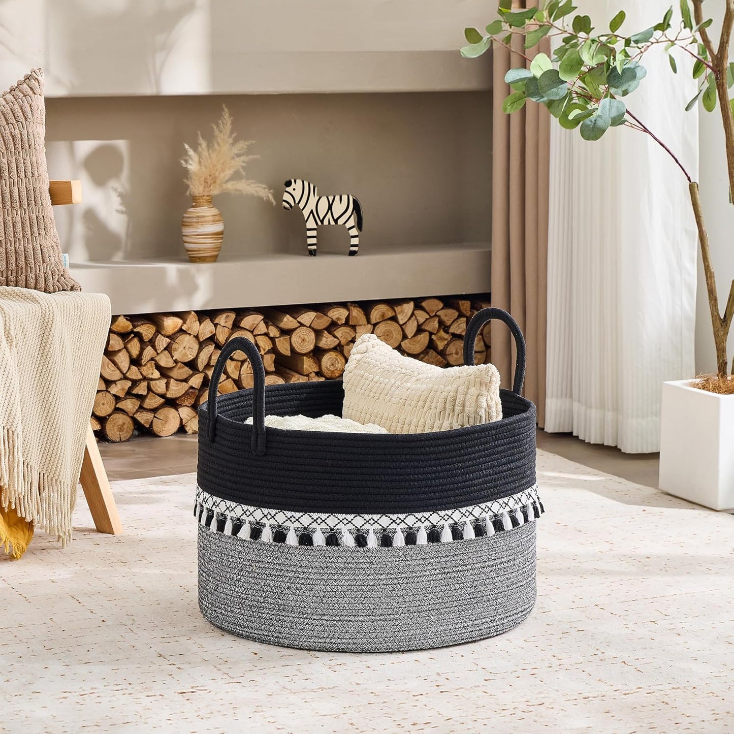 Pillows / Cotton Rope Storage Basket / Black Fringe / 20 x 13