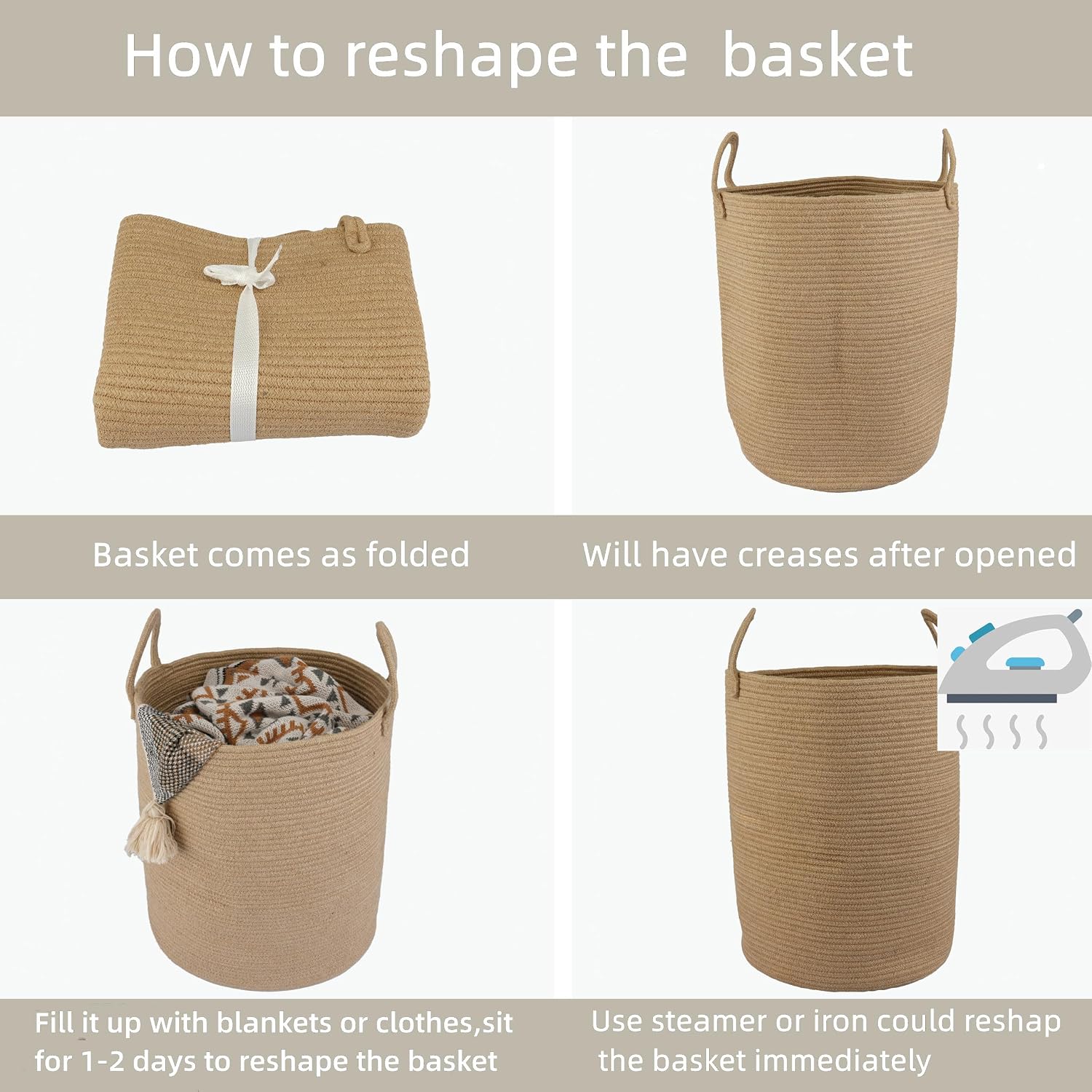 Cotton Rope Laundry Basket Hamper for Clothes Woven Storage Basket / Large / Jute