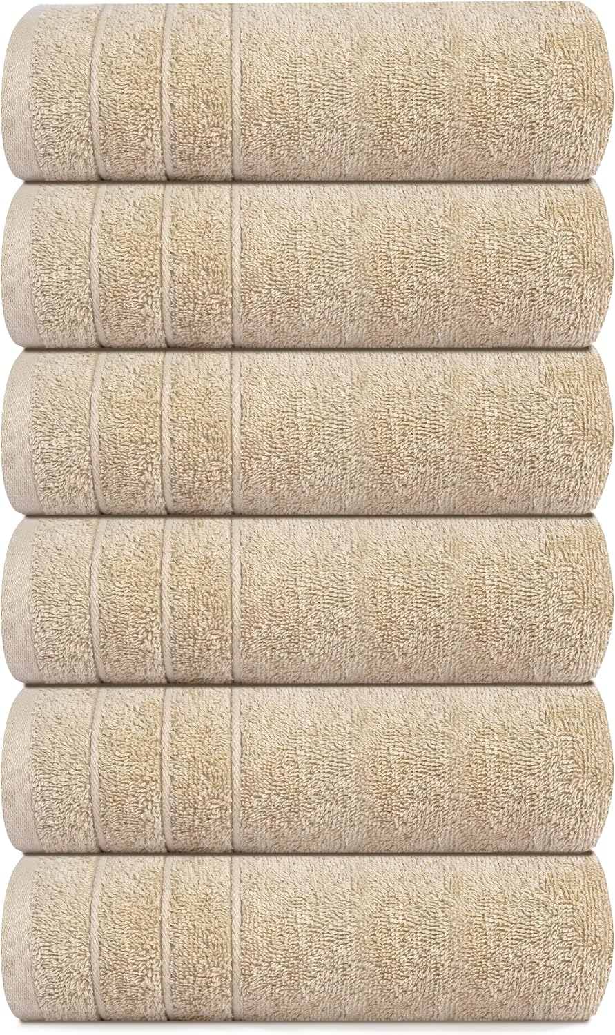 6 Piece Hand Towels Set 16 x 28 Inches, Beige | 100% Cotton, Lighter Weight, Quick to Dry, 16 x 28 Inches, Super Soft &