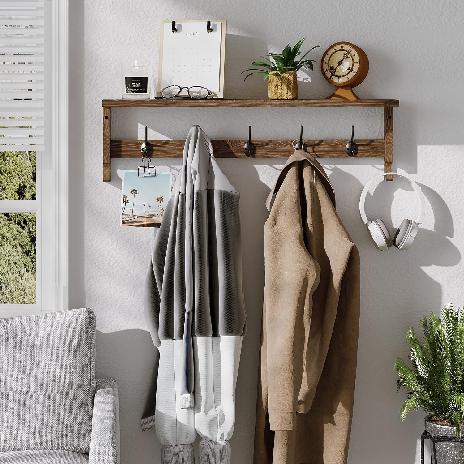 AMBIRD Coat Rack Wall Mount with Shelf, 28.9 Inches Coat Hooks Wall Mounted with 5 Hooks, Wall Hat Hooks for Hanging in