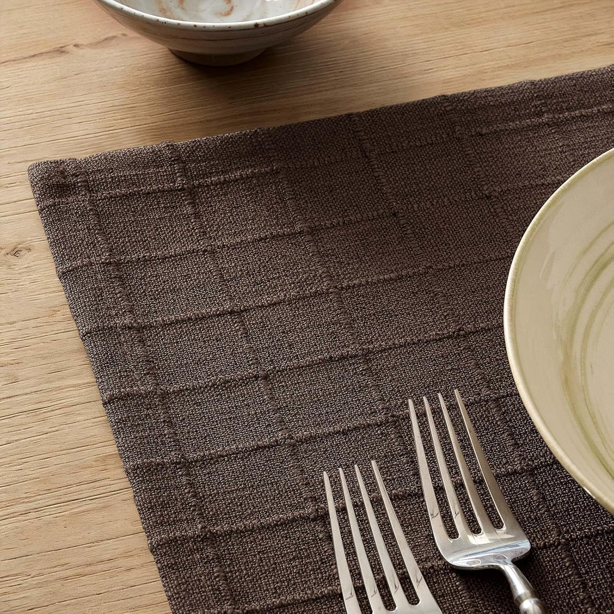 Artisanal Grid Decorative Linen Placemats Set of 6, Chocolate | Thick Heavy Textured Washed Linen Place Mats 13×19in