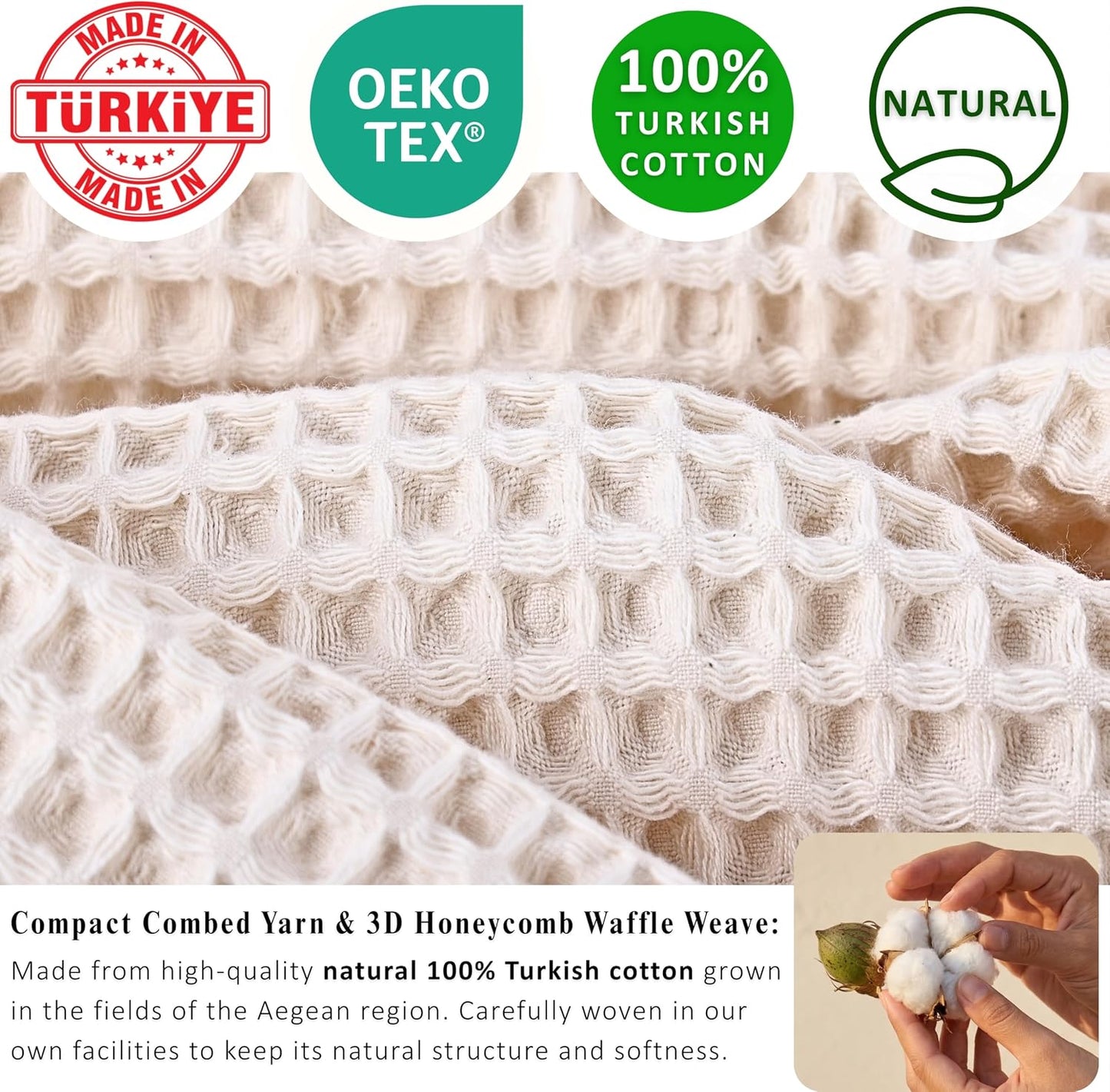 PÜSKÜL Natural 100% Turkish Cotton Waffle Bath Towels Set of 2, Extra-Large | Raw-Undyed, Oversize 32x63" Bath sheet