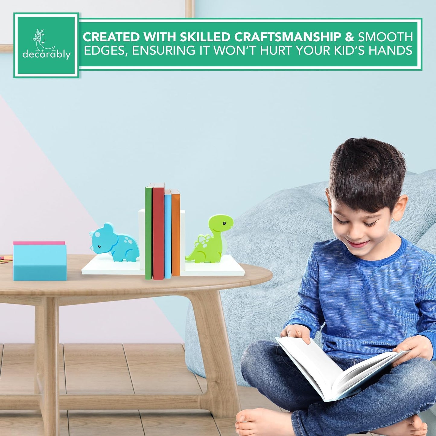 2-Piece Non-Skid Wooden Decorative Kids Bookends for Boys and Girls Room / Baby Blue & Green