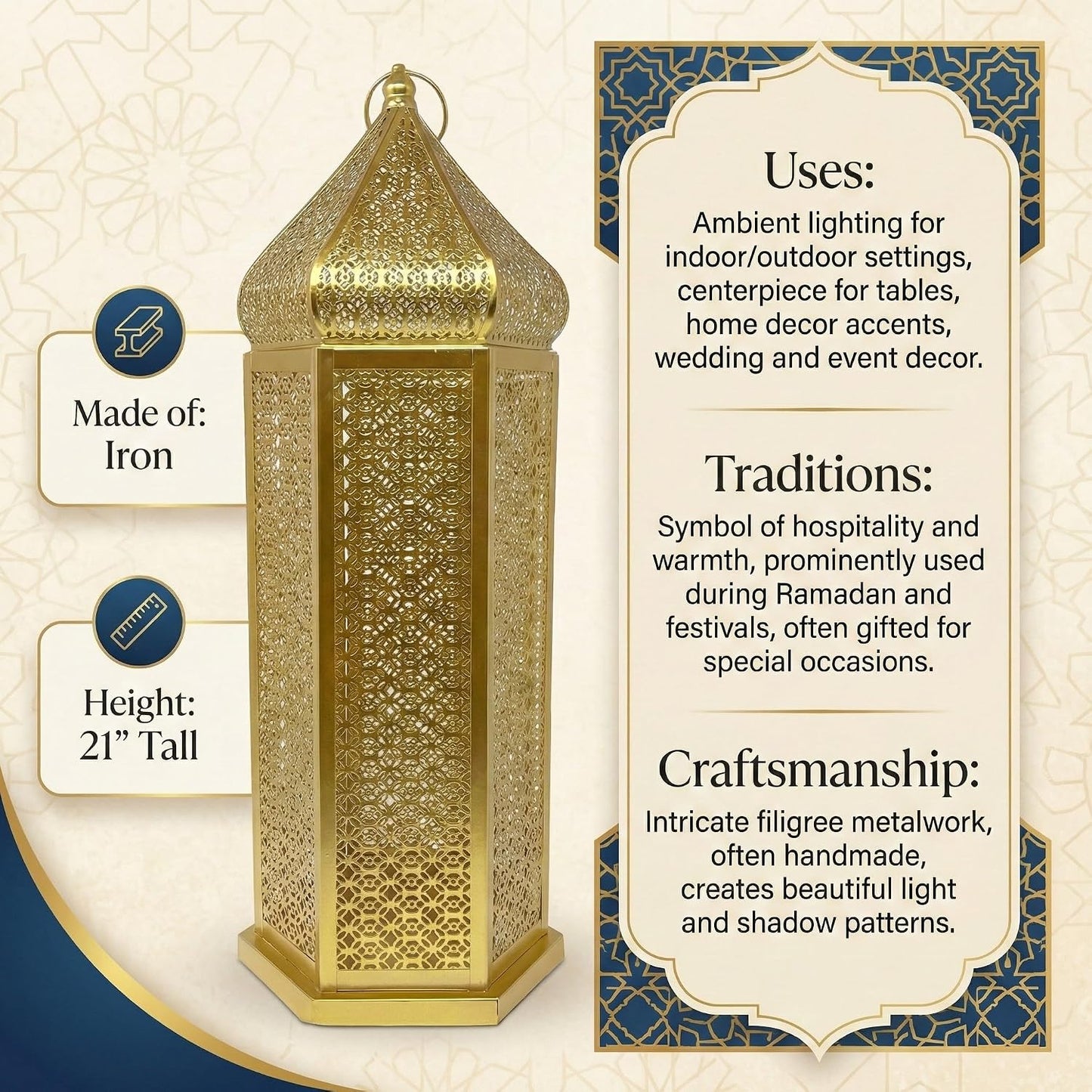 Vela Lanterns Decorative Indoor Gold Moroccan Floor Lantern, Extra Large | Big Moroccan Candle Holder Lamp, Golden