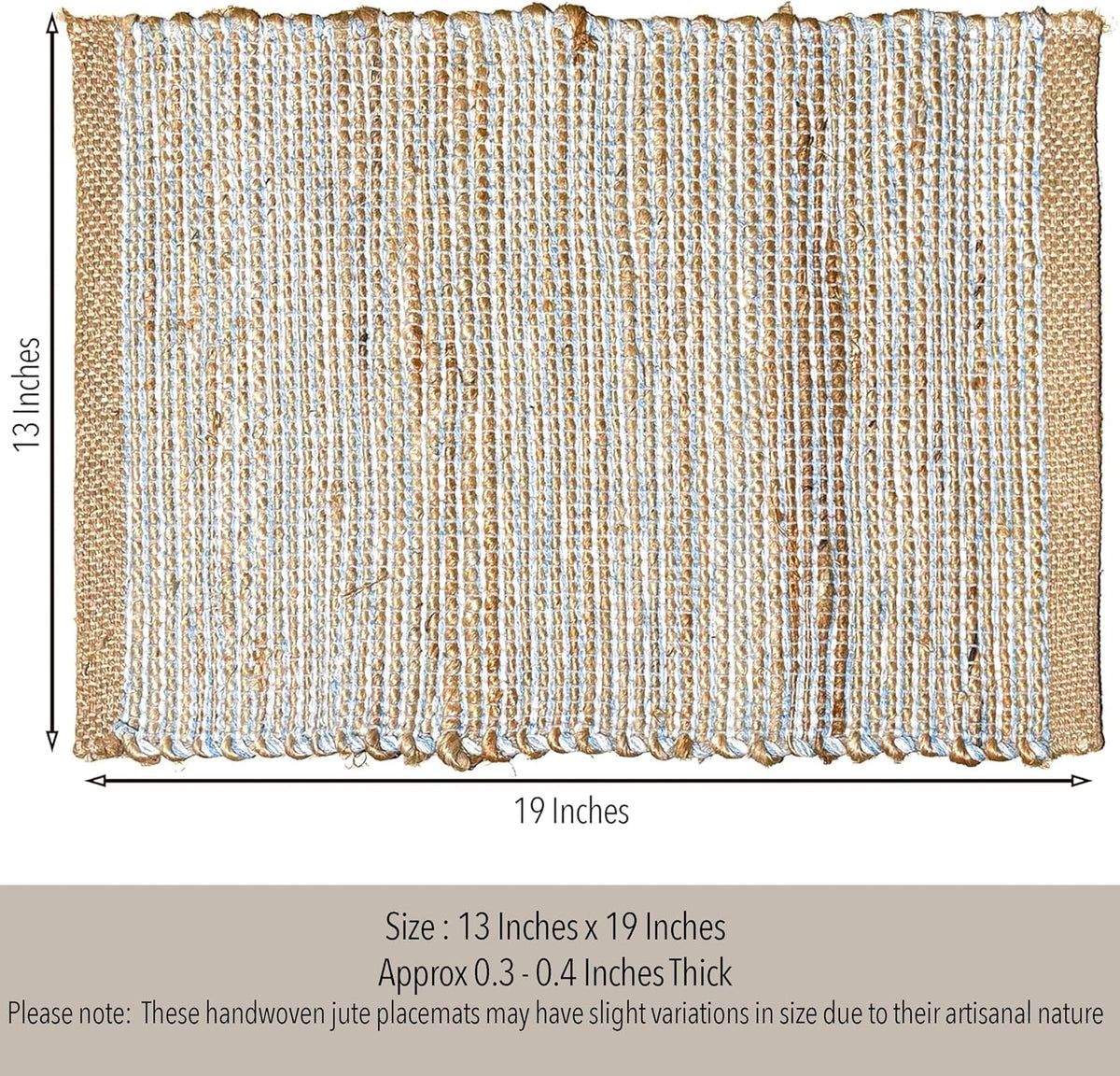 Natural Jute Placemats, Sky Blue-White, Set of 4, 13x19 in | Rustic Handmade Boho Table Mats, Kitchen, Everyday Meals