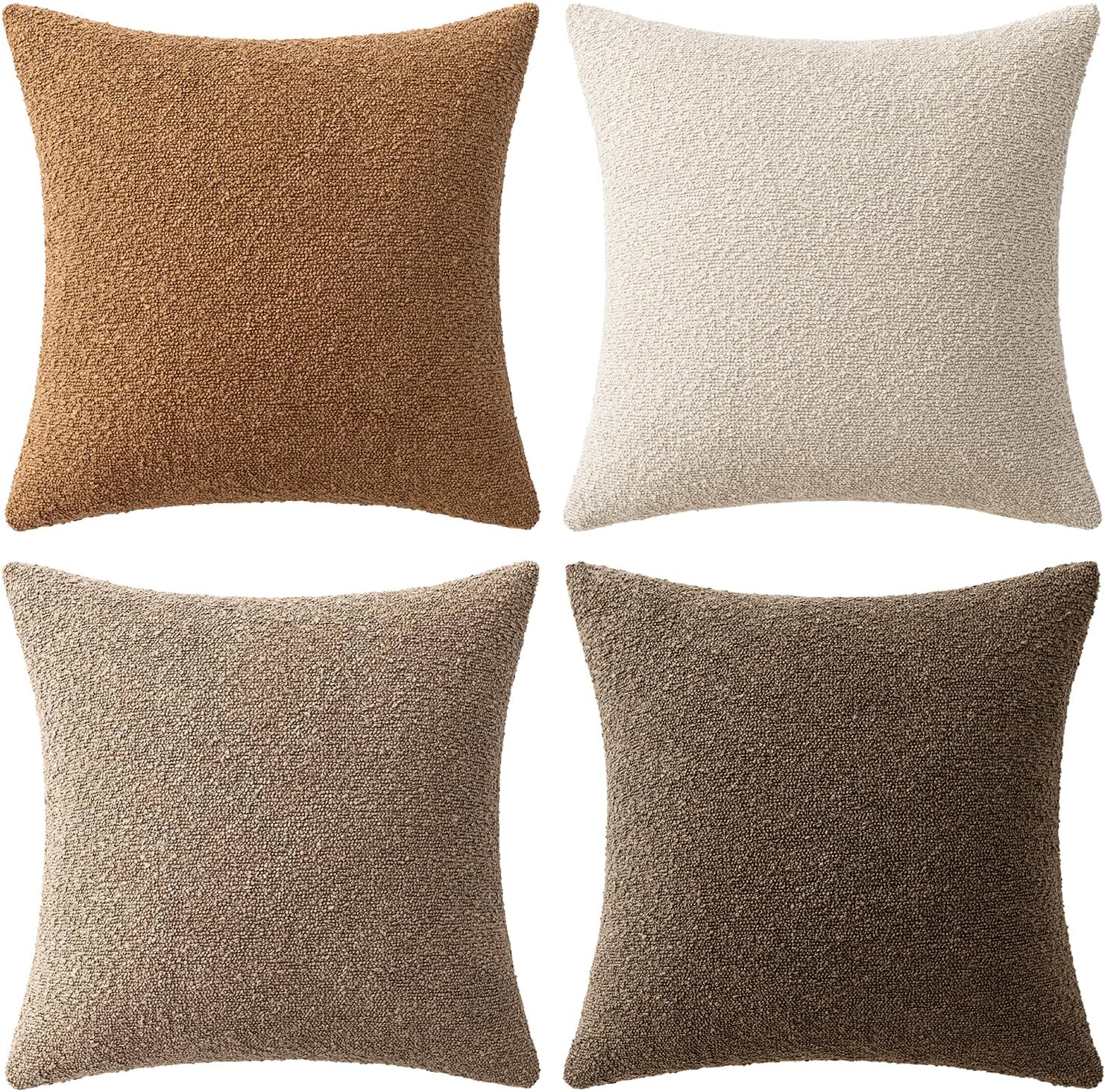 Decorative Textured Boucle Throw Pillow Covers Accent Solid / 18 x 18 / Neutral Brown / Set of 4