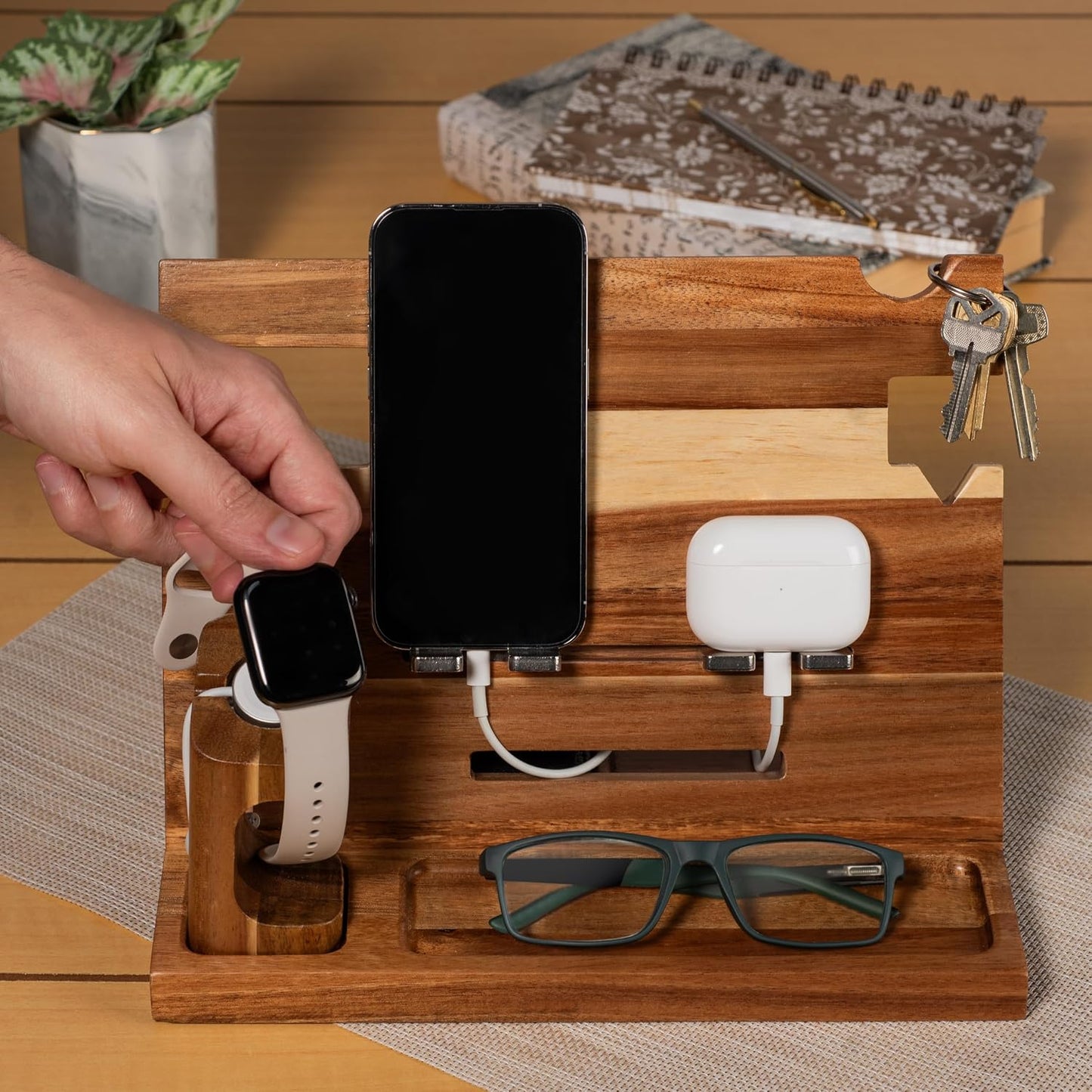 Wood Phone Docking Station for Men, Nightstand Organizer, Gifts for Him from Daughter Son Wife, Christmas Anniversary