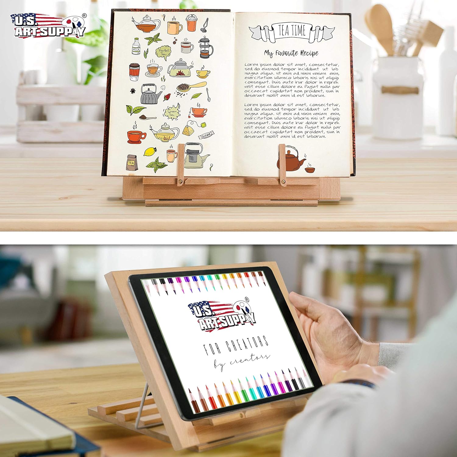 U.S. Art Supply Large Wooden Table Easel - Adjustable Incline, 2 Page Holders - Functions as Wooden Cookbook Stand