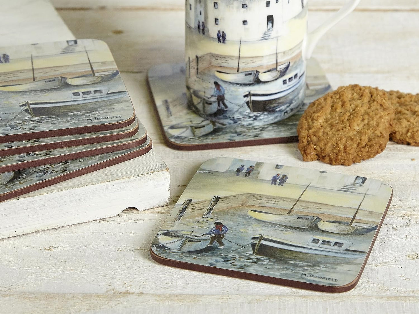 6-Piece Set of Cork Backed Coasters / 0.500 x 10.500 x 10.500 / Cm / Cornish Harbour