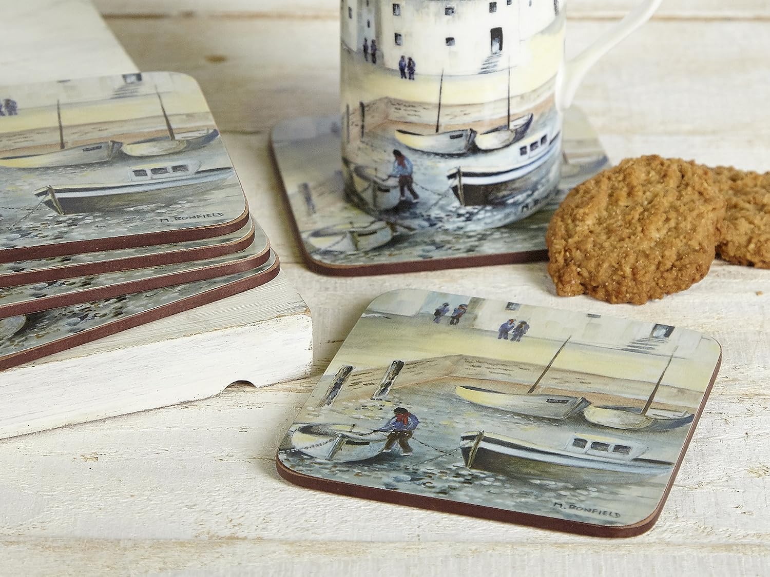 6-Piece Set of Cork Backed Coasters / 0.500 x 10.500 x 10.500 / Cm / Cornish Harbour