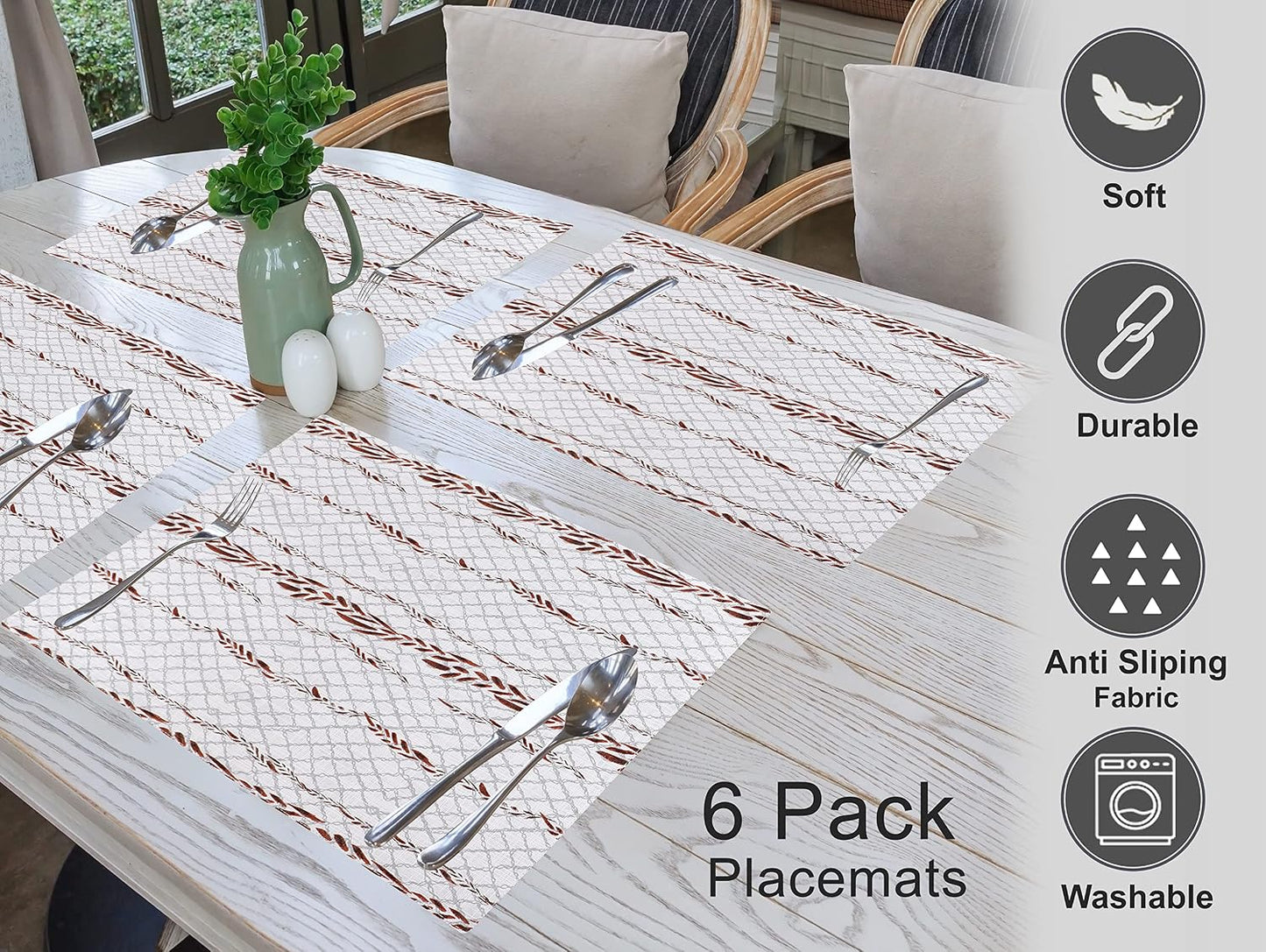 Ruvanti Placemats Set of 6, 100% Cotton Place Mats of 13"x19" – Wheatable | Heat, Stain resistant, Washable, Non-Slip