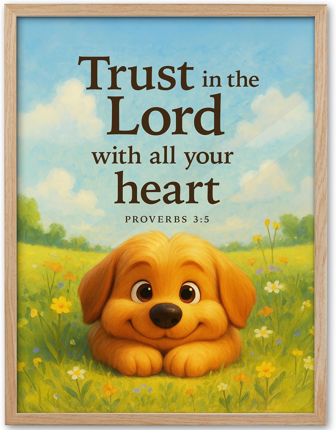 KensTro 12x16 Oak Framed Proverbs 3:5 Puppy Christian Wall Art