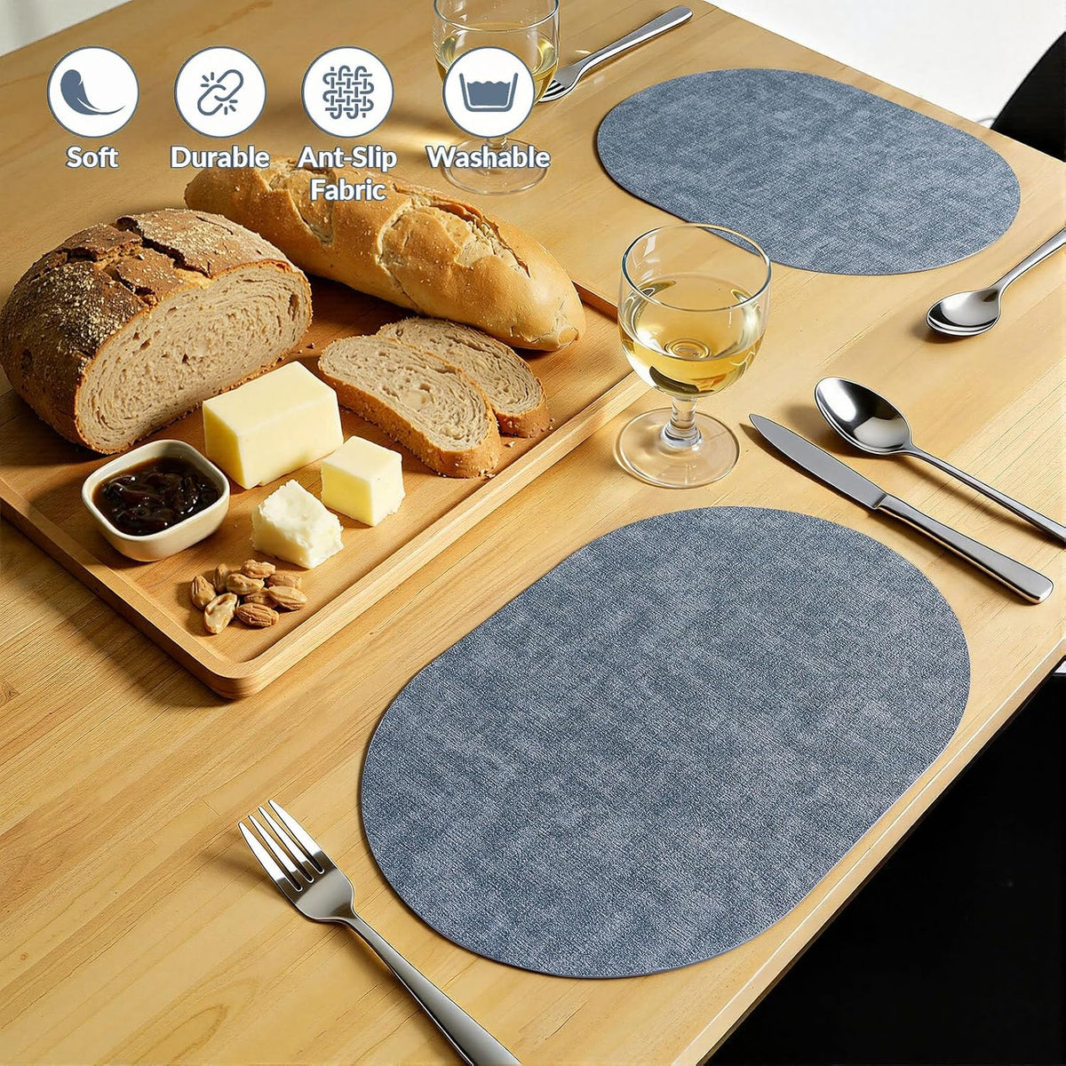 Placemats Set of 8, 11.8 x 17 Inch, Blue | Heat Resistant Oval Faux Leather Place Mats, Waterproof Wipeable Reversible