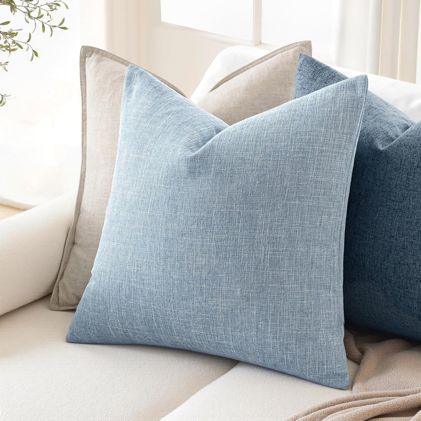 Decorative Linen Burlap Textured Pillow Covers Farmhouse Boho / 18 x 18 / Light Blue / Set of 2