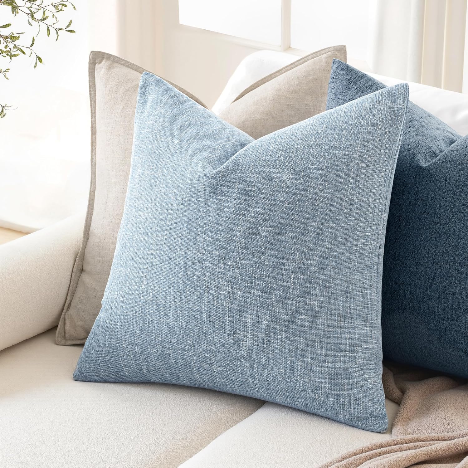 Decorative Linen Burlap Textured Pillow Covers Farmhouse Boho / 18 x 18 / Light Blue / Set of 2