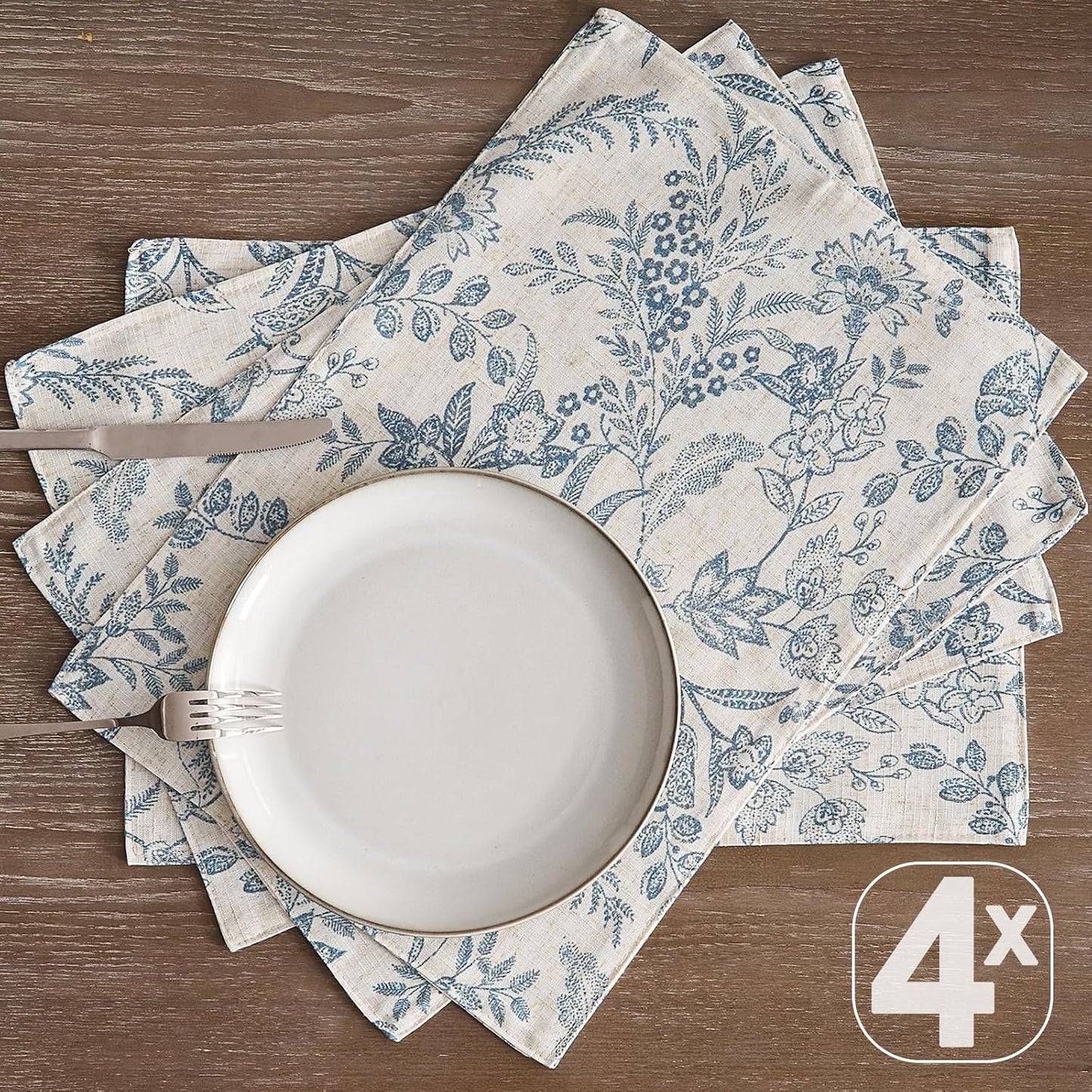 JINCHAN Linen Floral Placemats Set of 4 Farmhouse 13x19 Inch Blue | Fabric Placemats, Cottage Style, Vintage Botanical