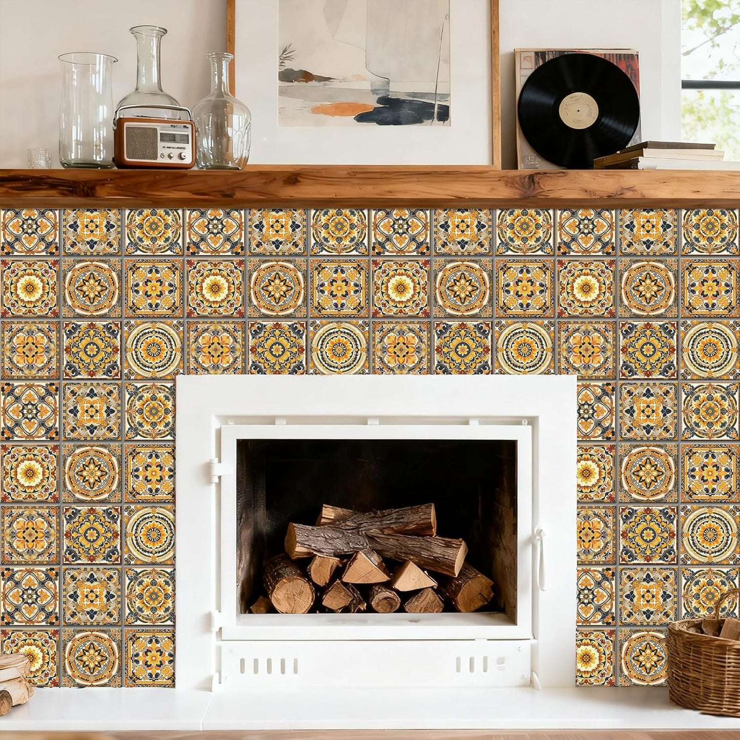 9 Style Peel and Stick Wall Tile Sticker Vintage Brownish- Wall / Mandala Pattern / Red / Set of 36