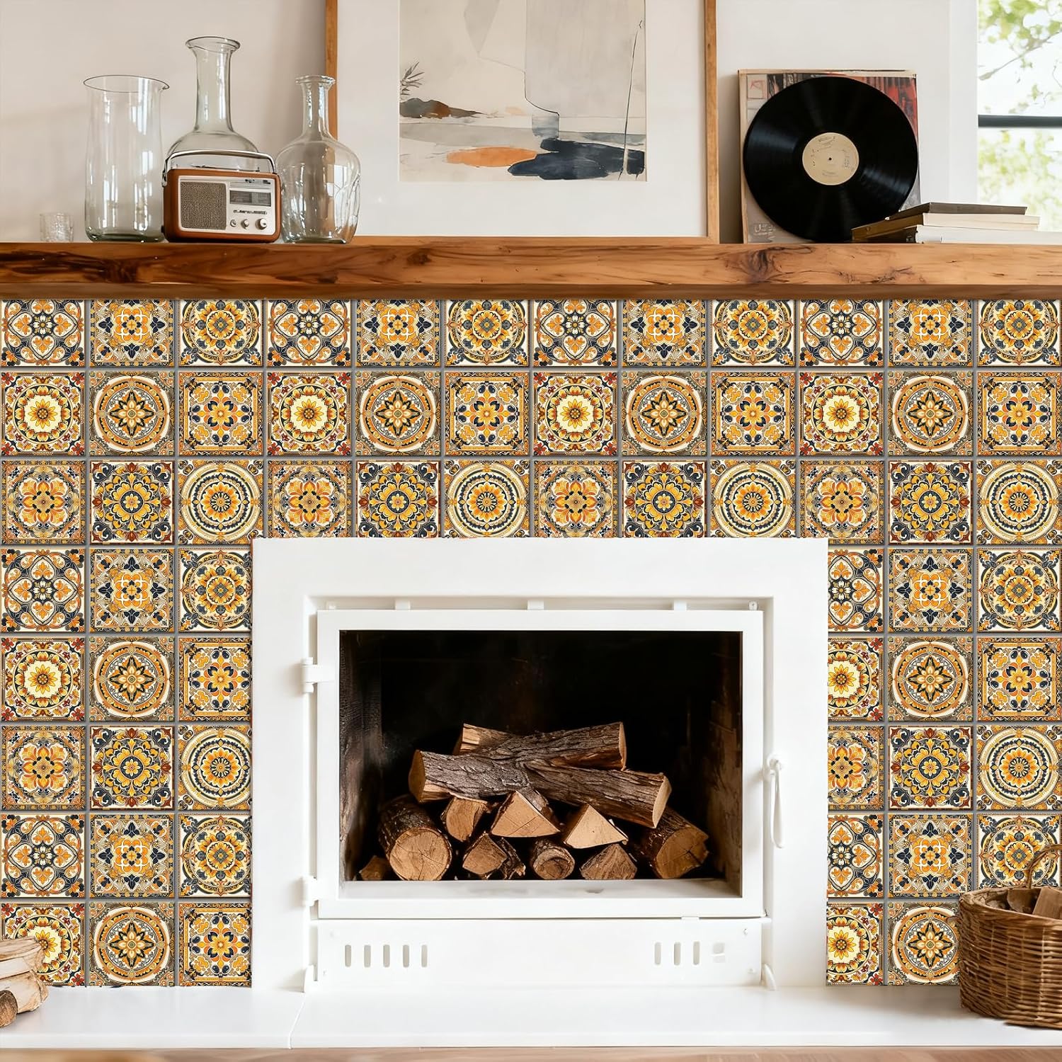 9 Style Peel and Stick Wall Tile Sticker Vintage Brownish- Wall / Mandala Pattern / Red / Set of 36