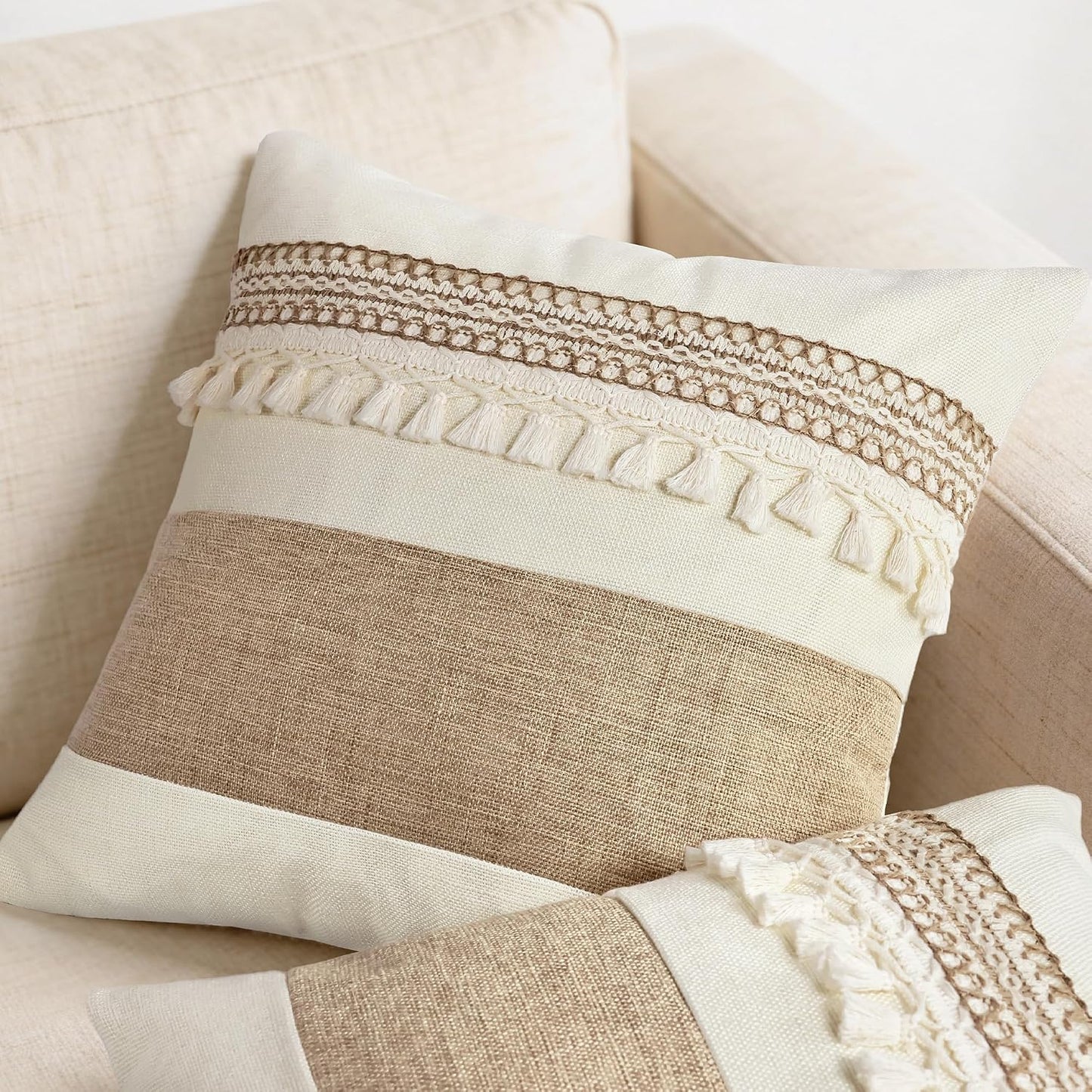 Boho Patchwork Linen Throw Pillow Covers / Beige / 18 x 18 / Set of 2