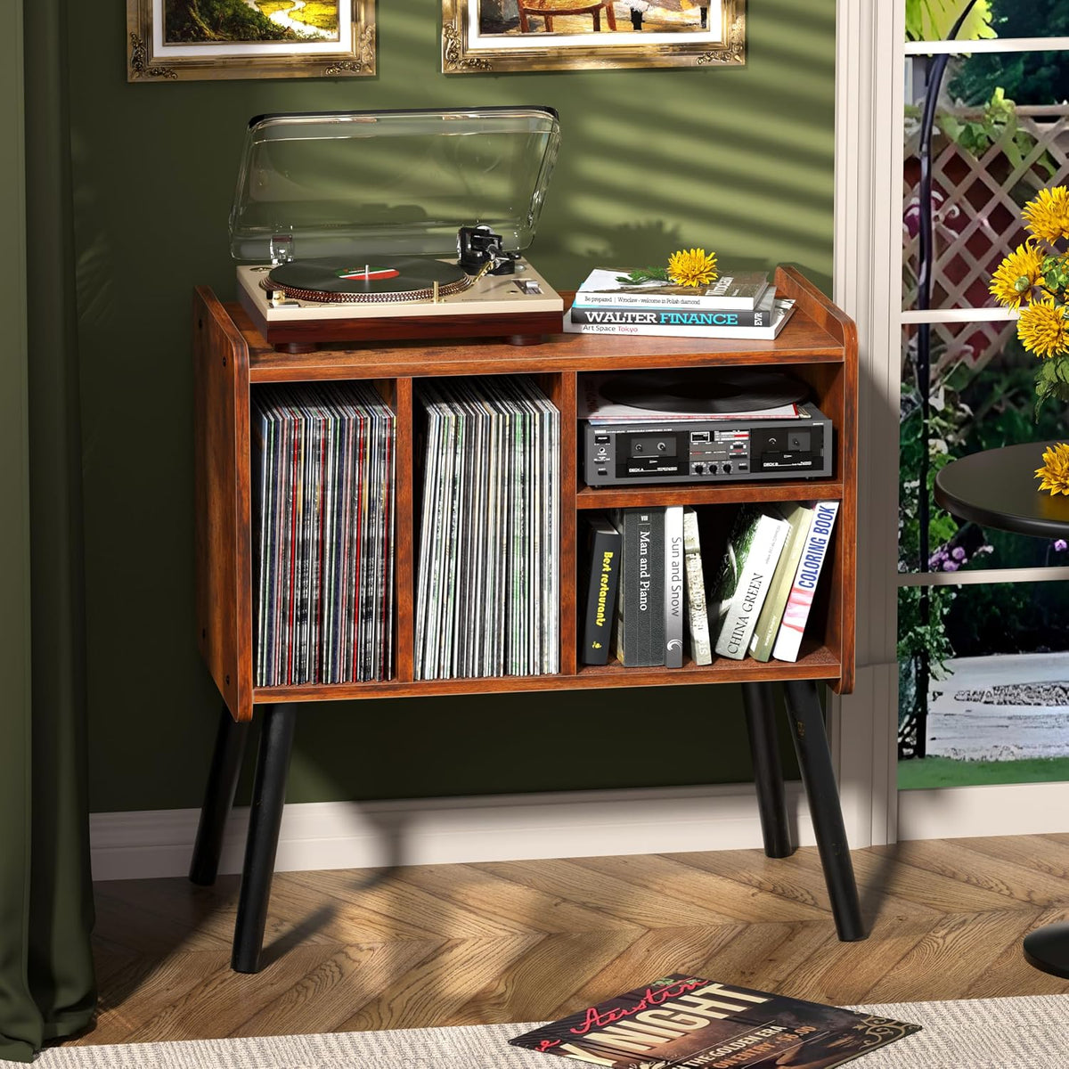 Record Player Table, Mid-Century Record Player Stand Hold Up to 150+ Albums | with Vinyl Storage Vinyl Record Cabinet