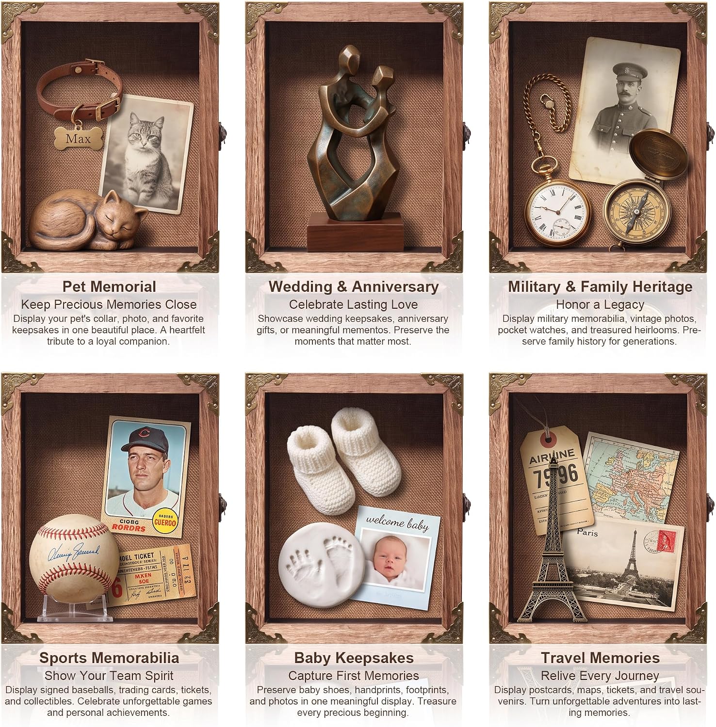 Deep Shadow Box Frame 8x10 with 4.7" Overall Depth, Rustic Carbonized Wood Display Case, Deep Wood Memory Box with