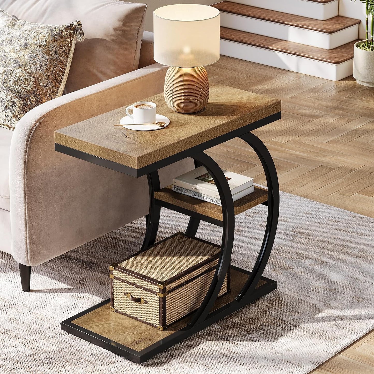 3-Tier Narrow Wood Couch C-Shaped Side Table / Set of 2