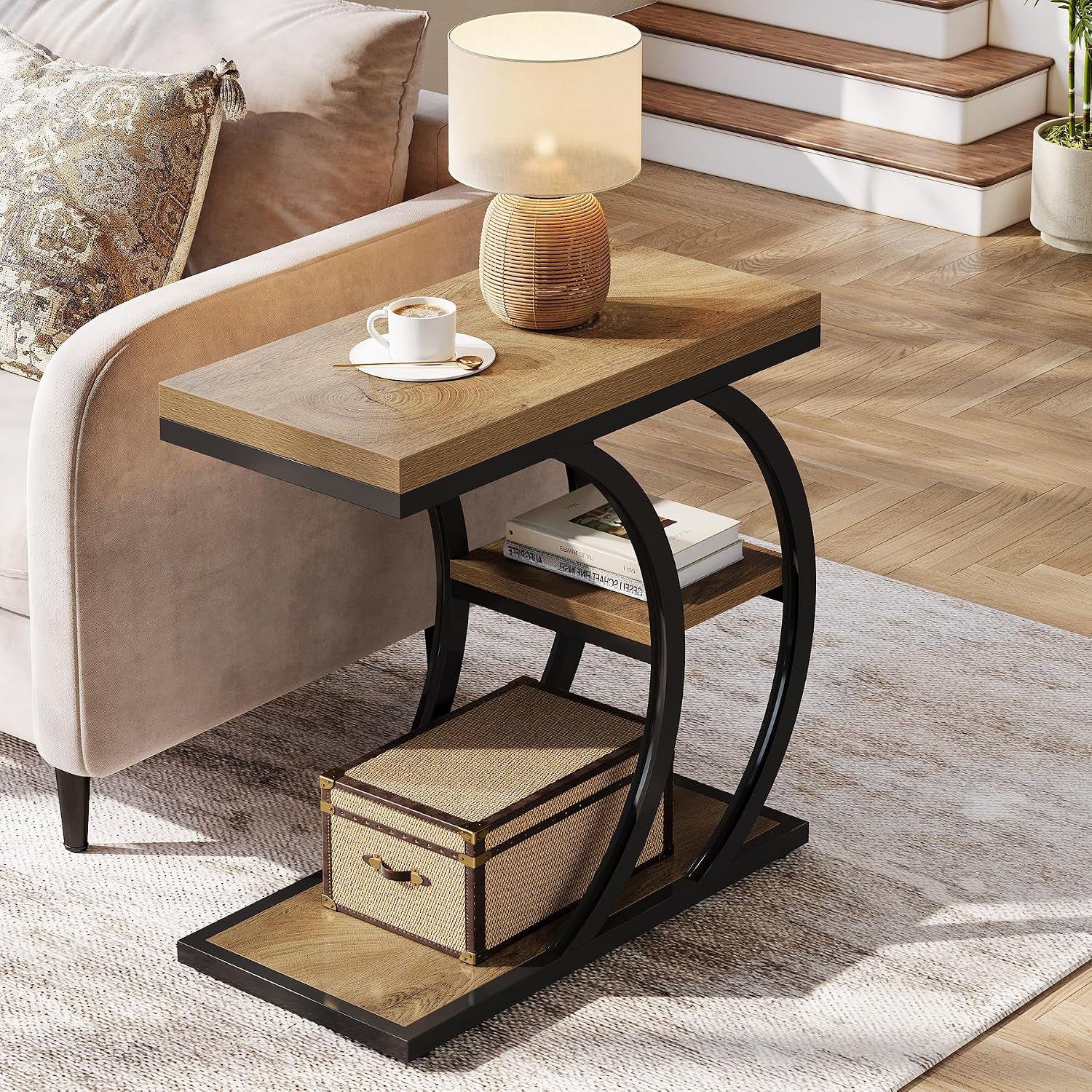 3-Tier Narrow Wood Couch C-Shaped Side Table / Set of 2
