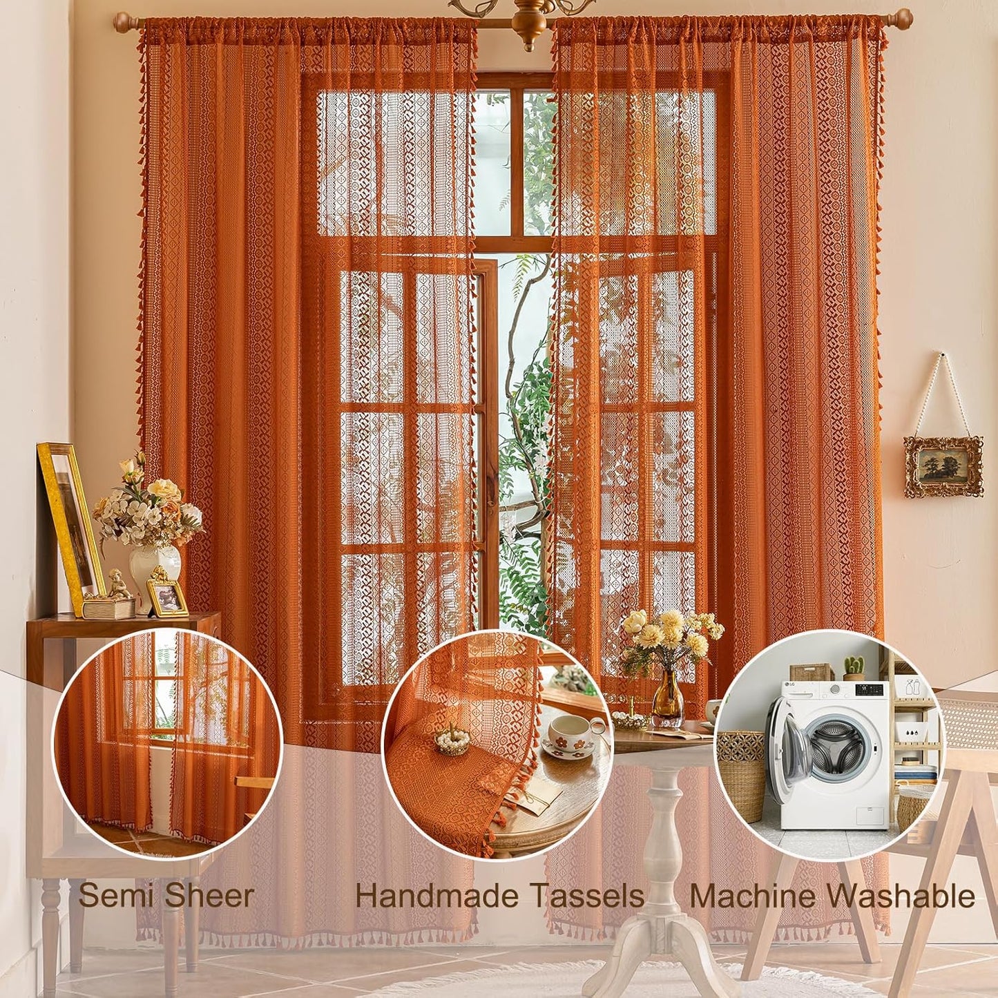 Boho Lace Curtains 2 Panels Long / Terracotta / 50"W x 84"L / Orange / 84 Inch