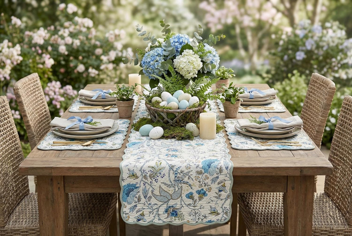 Botanica Mist - Bloom Collection Luxury Handcrafted Runner (Reversible) Cotton Quilted Fabric Machine Washable –