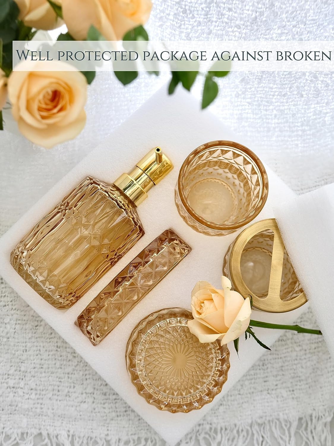 LaMarriti Clear Gold Bathroom Accessorries Set, 5Pcs Glass Bathroom Set | Soap Dispenser and Toothbrush Holder Set